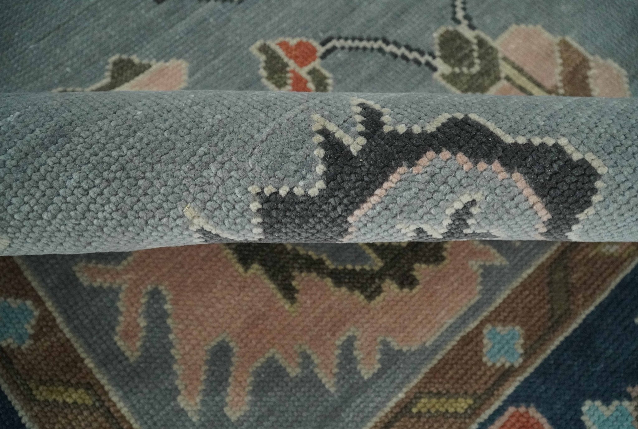 Custom Made Hand Knotted Silver and Blue Colorful Traditional Oushak Wool Area Rug - The Rug Decor