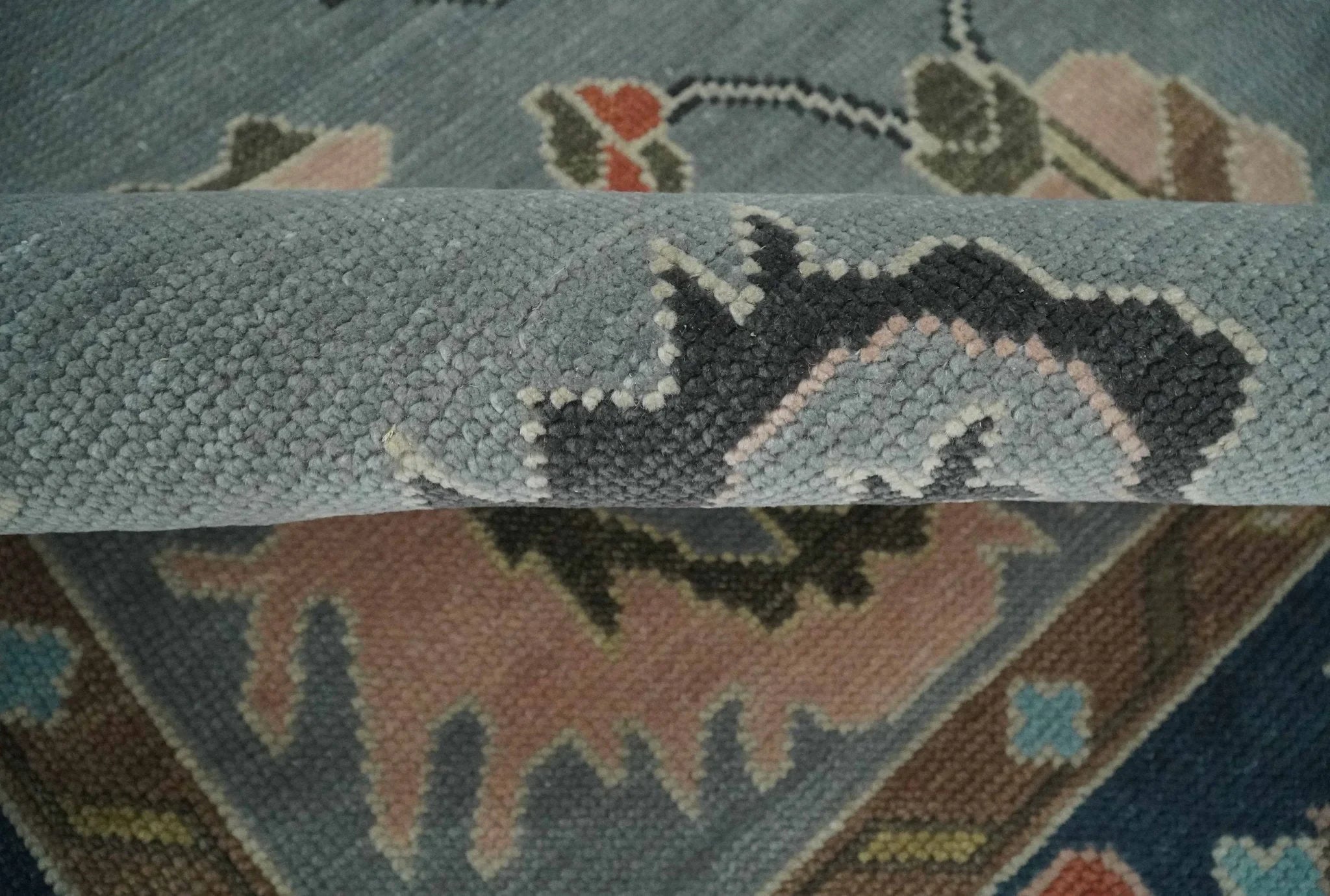 Custom Made Hand Knotted Silver and Blue Colorful Traditional Oushak Wool Area Rug - The Rug Decor