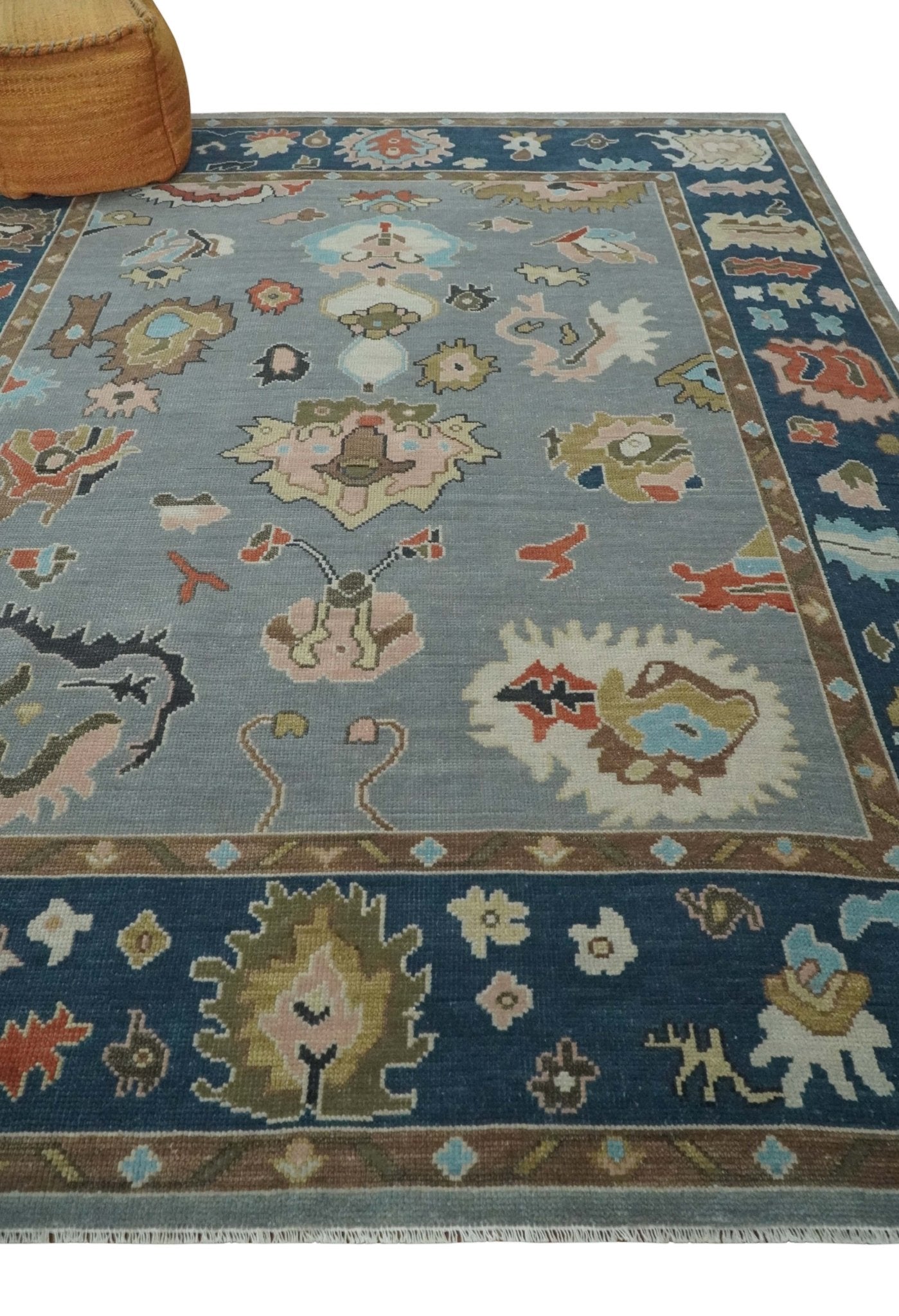 Custom Made Hand Knotted Silver and Blue Colorful Traditional Oushak Wool Area Rug - The Rug Decor