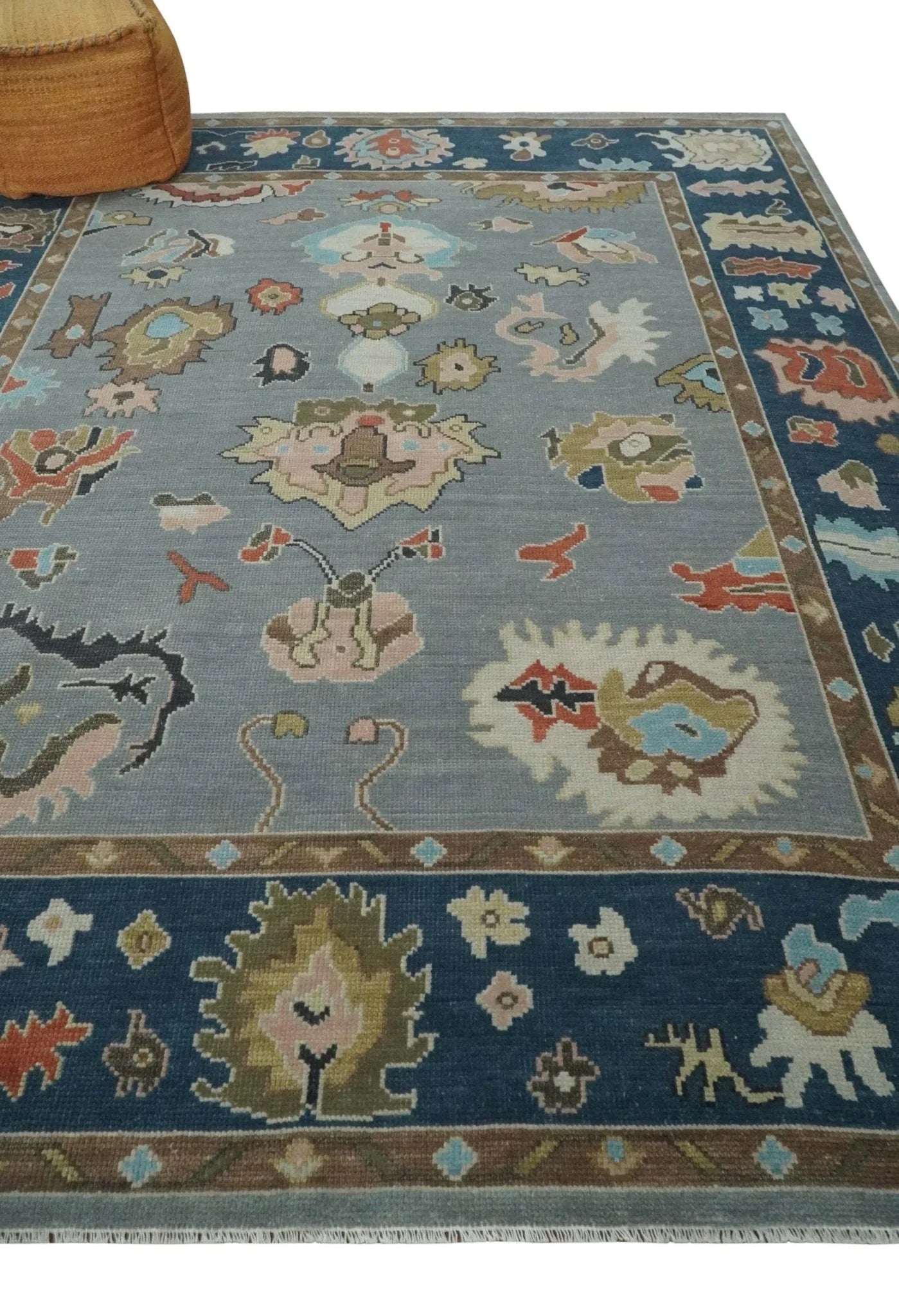 Custom Made Hand Knotted Silver and Blue Colorful Traditional Oushak Wool Area Rug - The Rug Decor