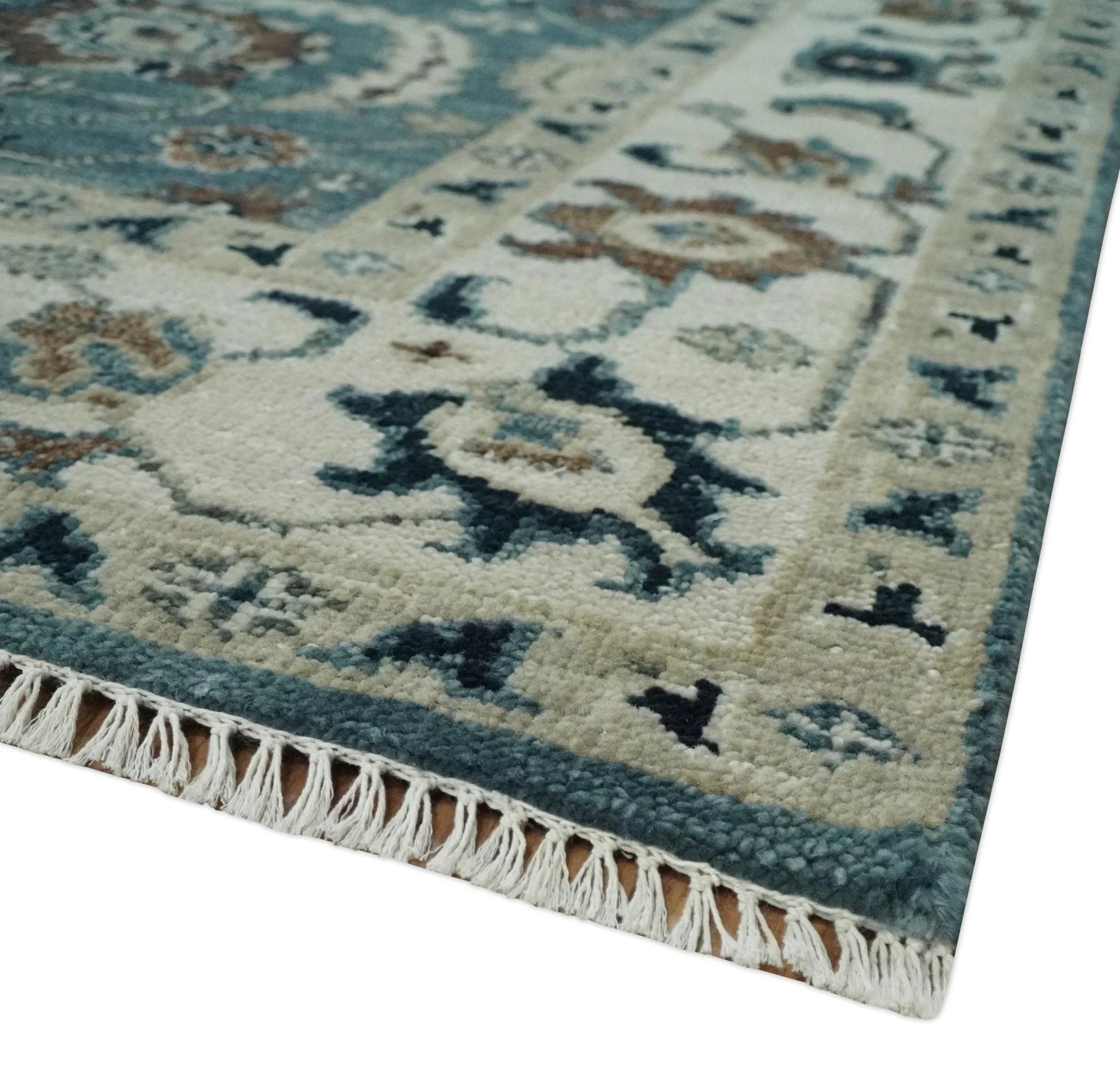 Custom Made Hand Knotted Teal and Ivory Traditional Antique Style Wool Area Rug - The Rug Decor