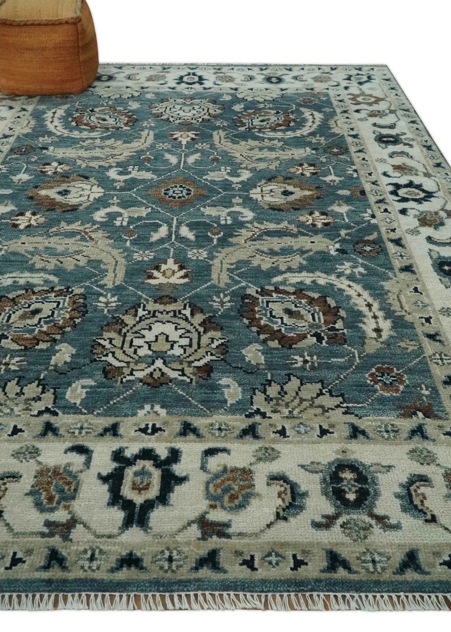 Custom Made Hand Knotted Teal and Ivory Traditional Antique Style Wool Area Rug - The Rug Decor