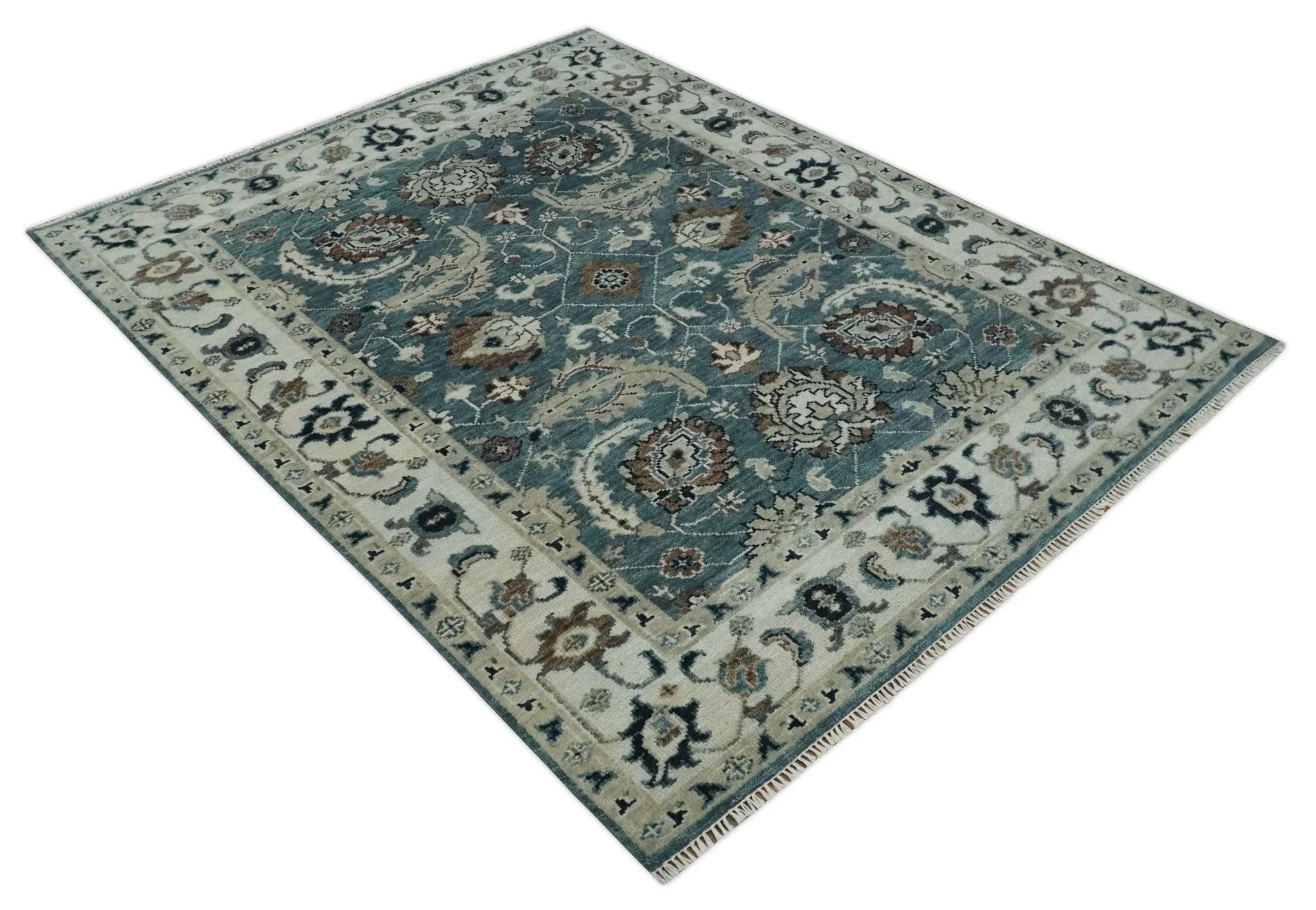 Custom Made Hand Knotted Teal and Ivory Traditional Antique Style Wool Area Rug - The Rug Decor