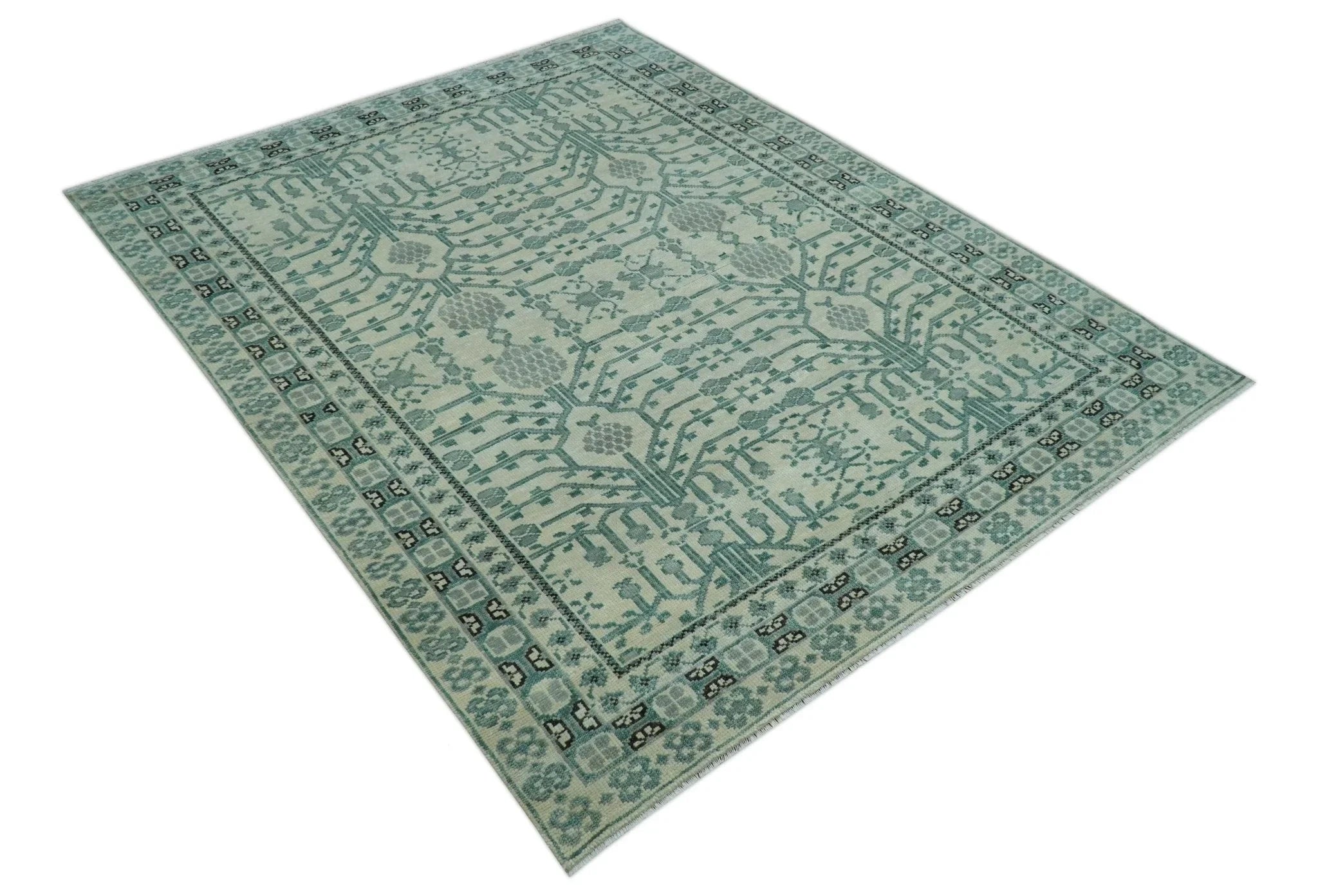 Custom Made Ivory And Gray Turkish Khotan Design Hand Knotted Wool Rug - The Rug Decor