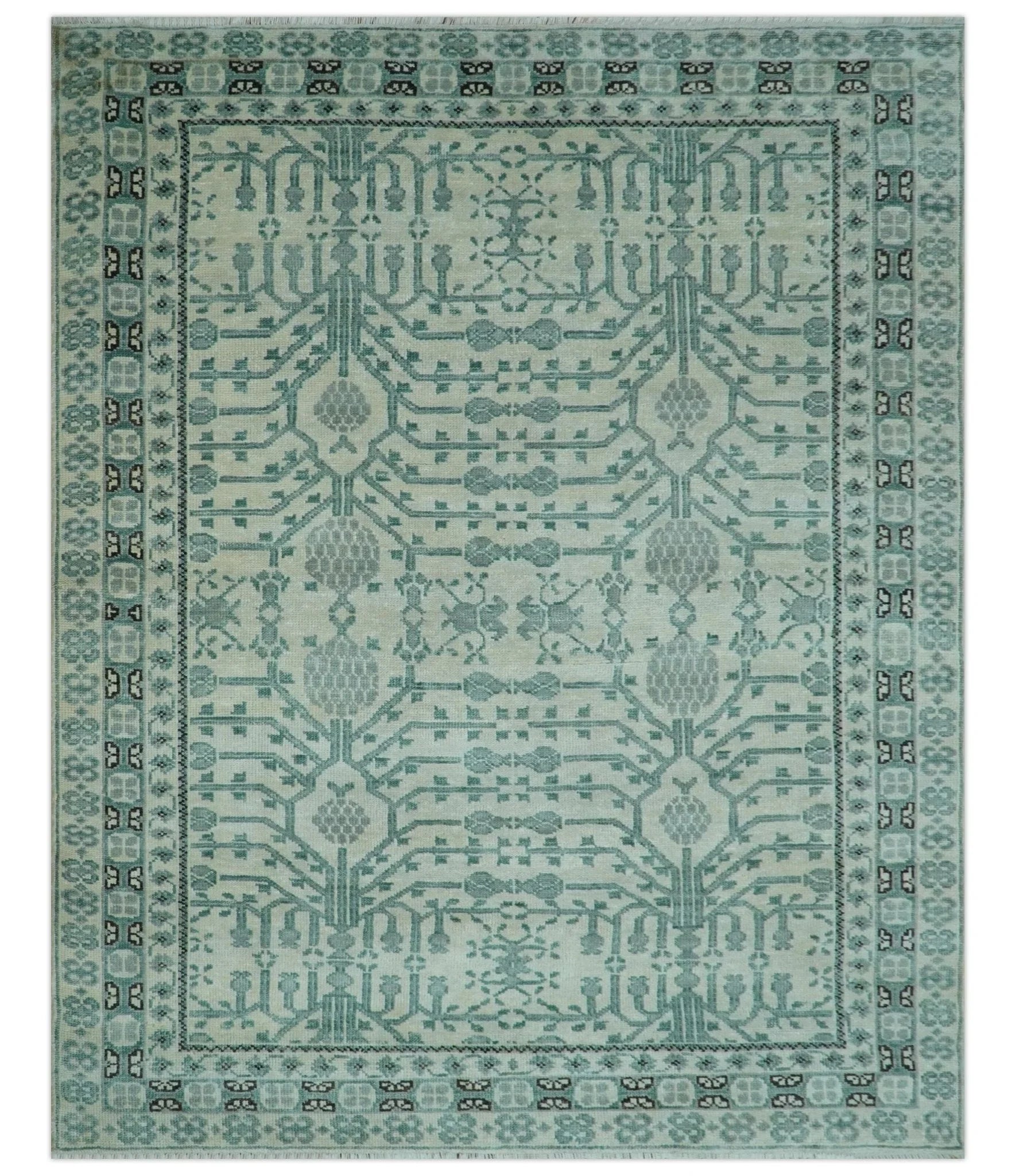 Custom Made Ivory And Gray Turkish Khotan Design Hand Knotted Wool Rug - The Rug Decor