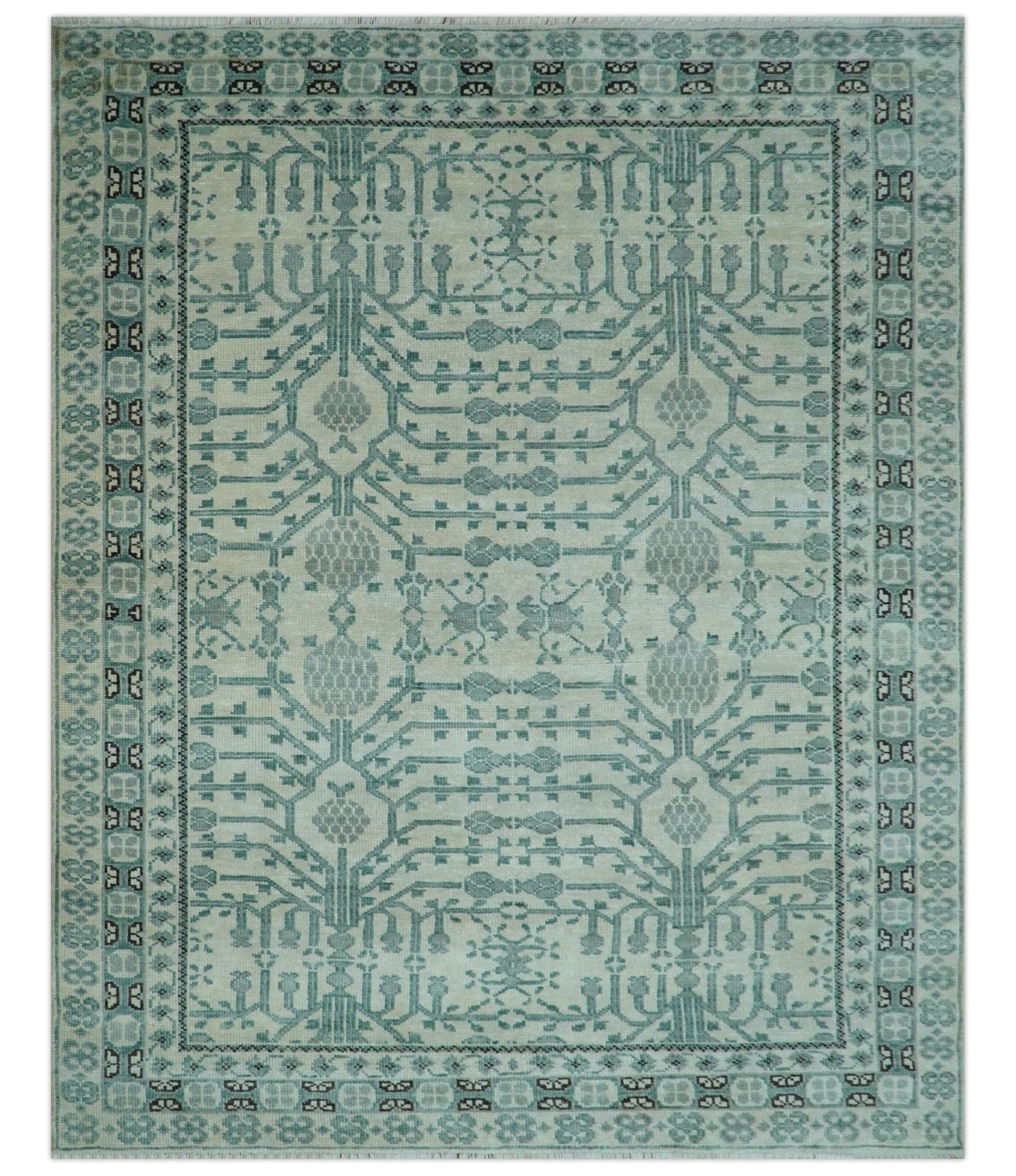 Custom Made Ivory And Gray Turkish Khotan Design Hand Knotted Wool Rug