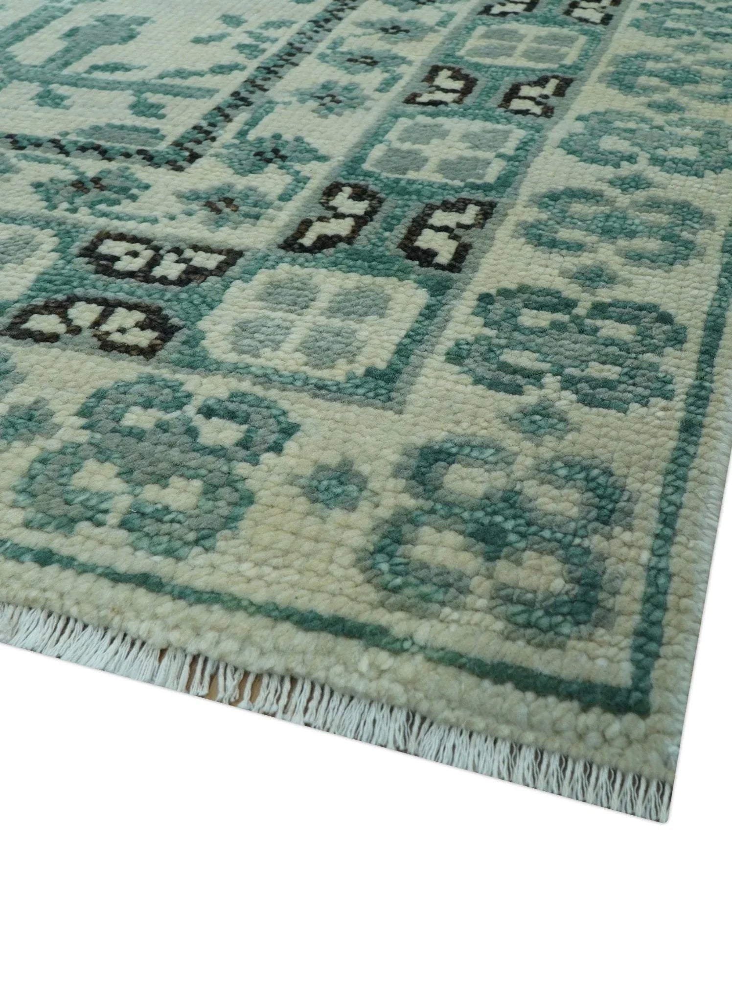 Custom Made Ivory And Gray Turkish Khotan Design Hand Knotted Wool Rug - The Rug Decor