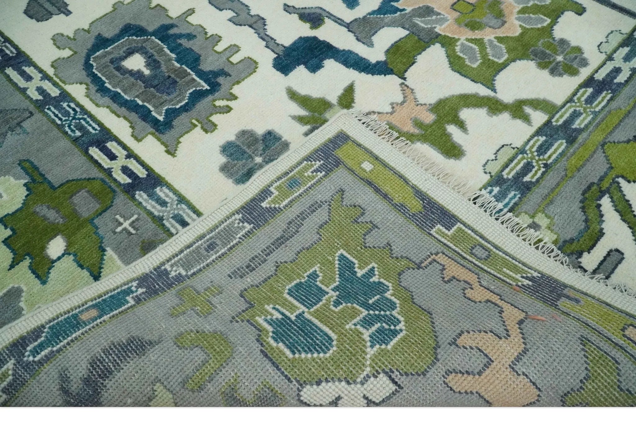 Custom Made Ivory, Teal, and Gray Hand knotted Traditional Oushak Wool Area Rug