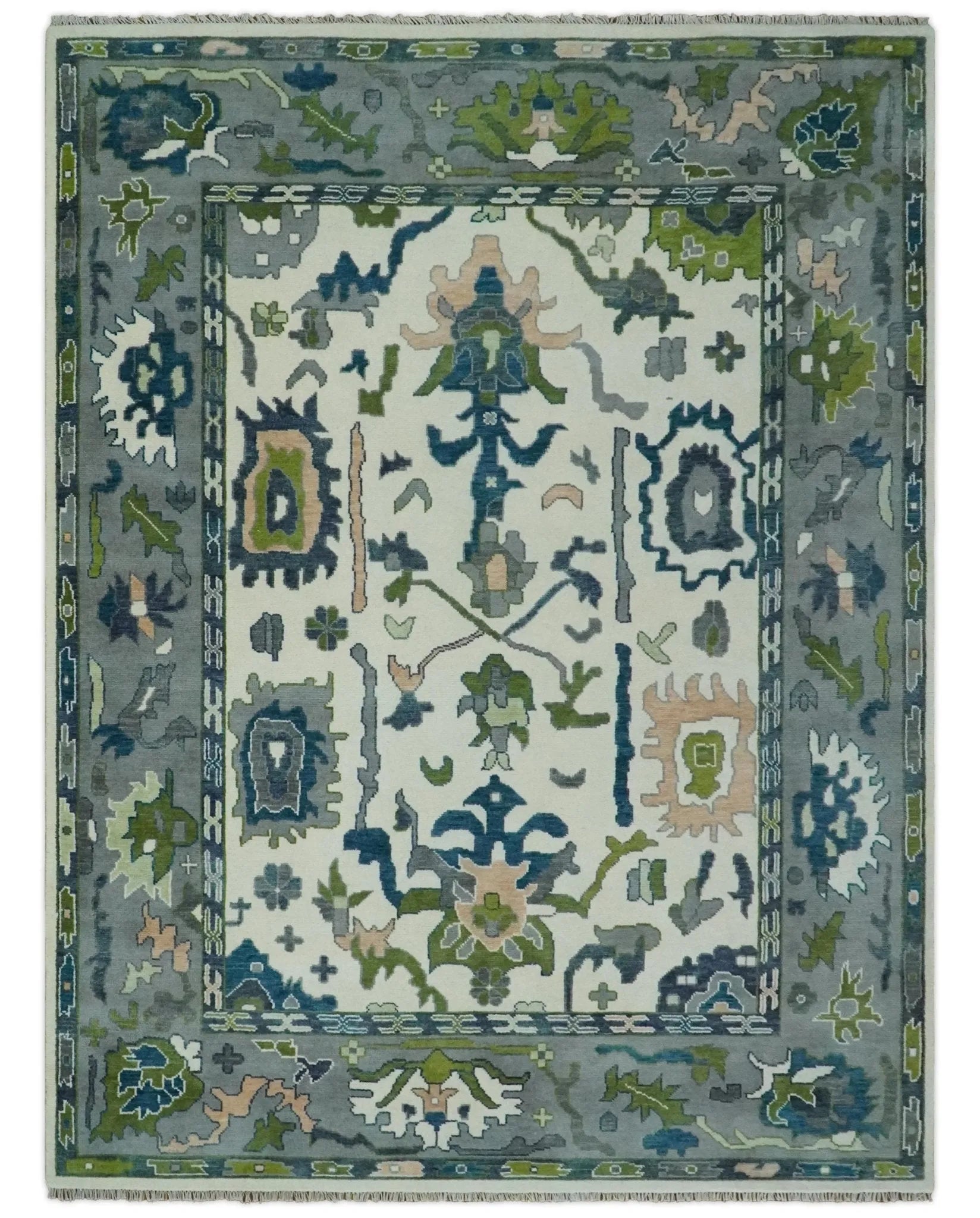 Custom Made Ivory, Teal, and Gray Hand knotted Traditional Oushak Wool Area Rug