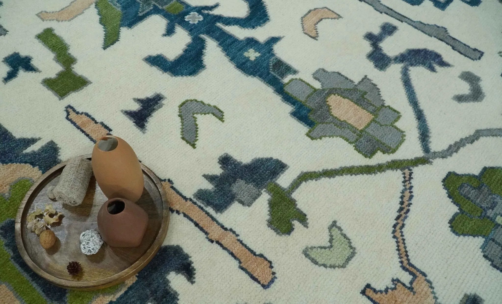Custom Made Ivory, Teal, and Gray Hand knotted Traditional Oushak Wool Area Rug
