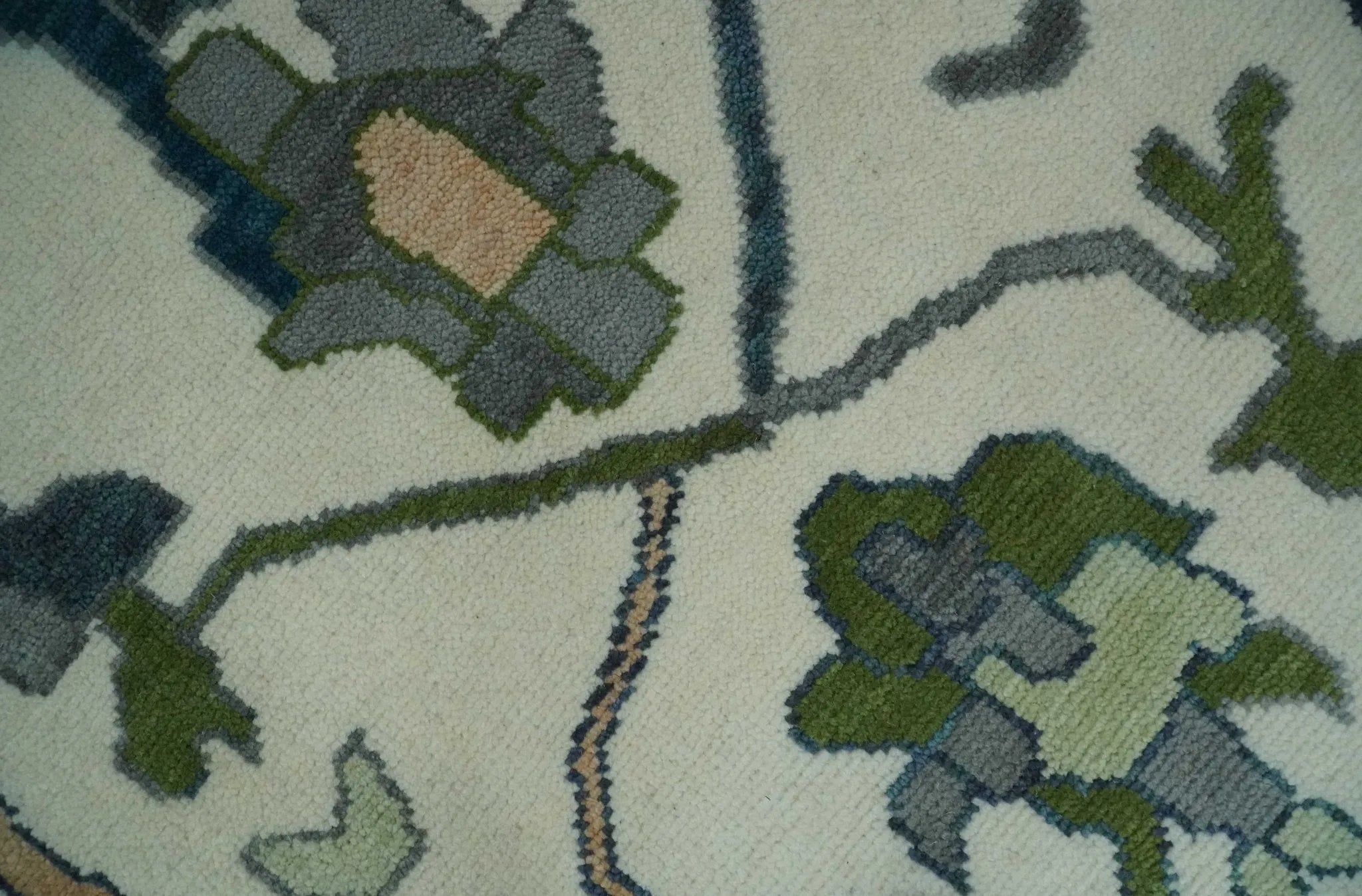 Custom Made Ivory, Teal, and Gray Hand knotted Traditional Oushak Wool Area Rug