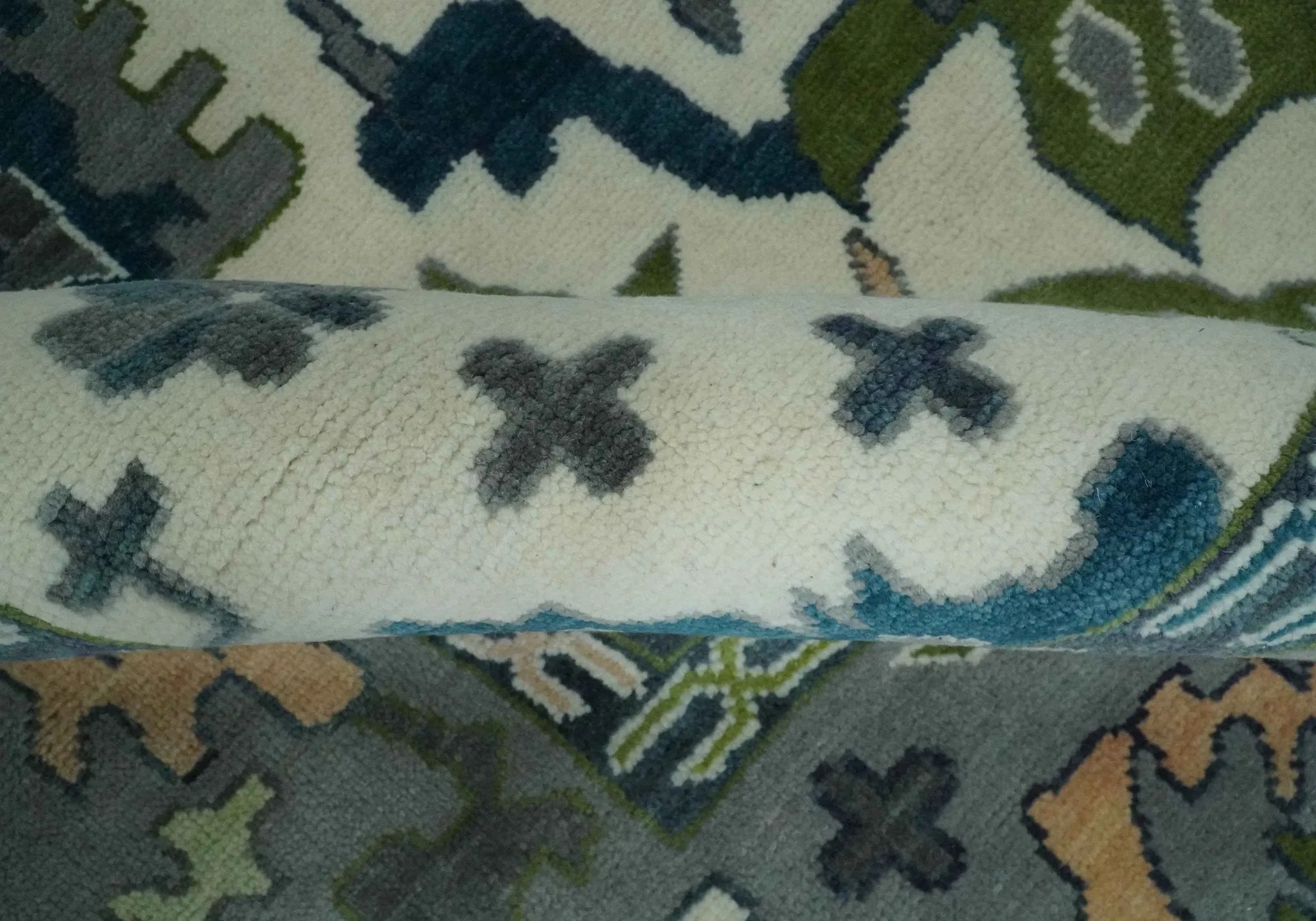 Custom Made Ivory, Teal, and Gray Hand knotted Traditional Oushak Wool Area Rug