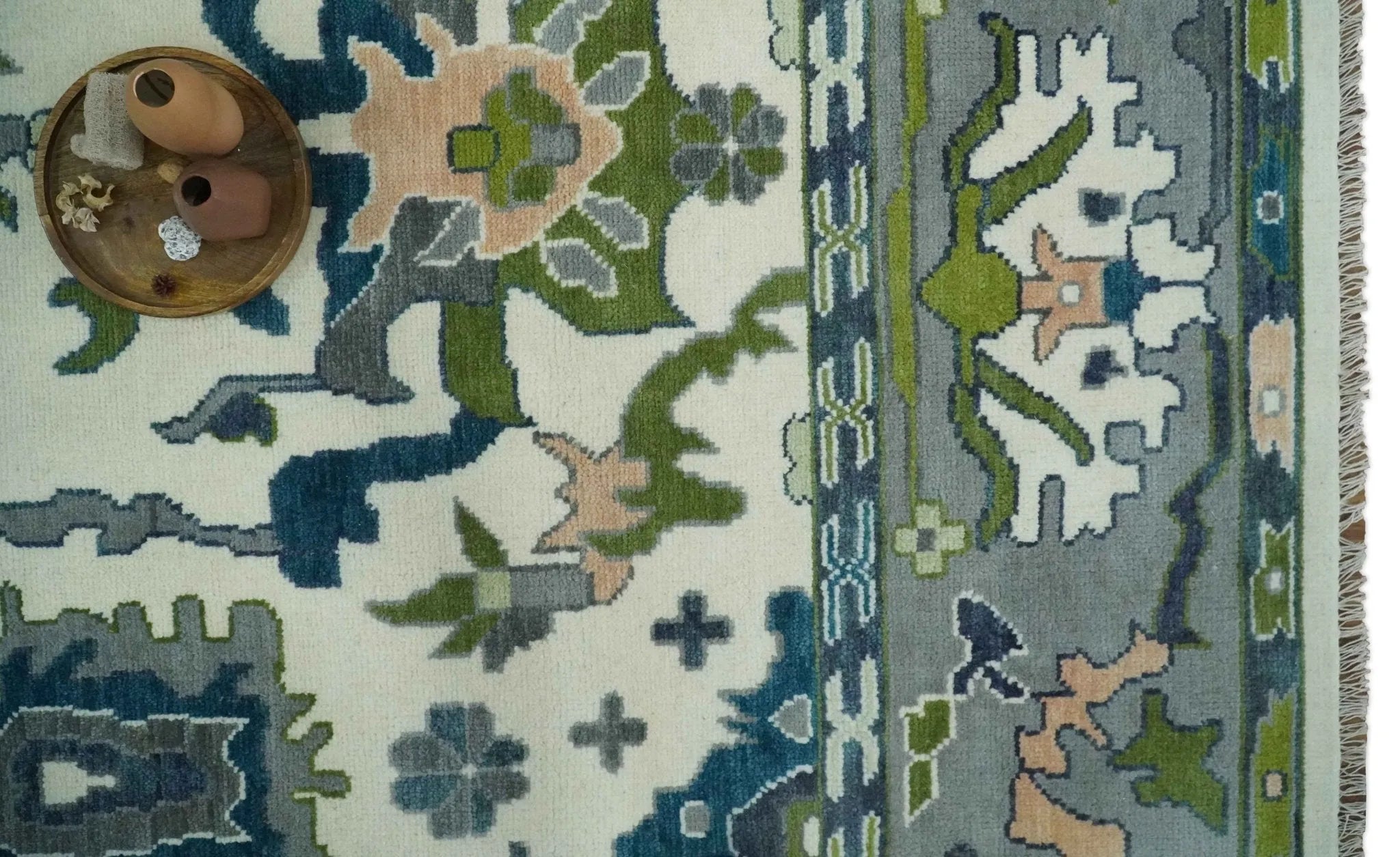 Custom Made Ivory, Teal, and Gray Hand knotted Traditional Oushak Wool Area Rug