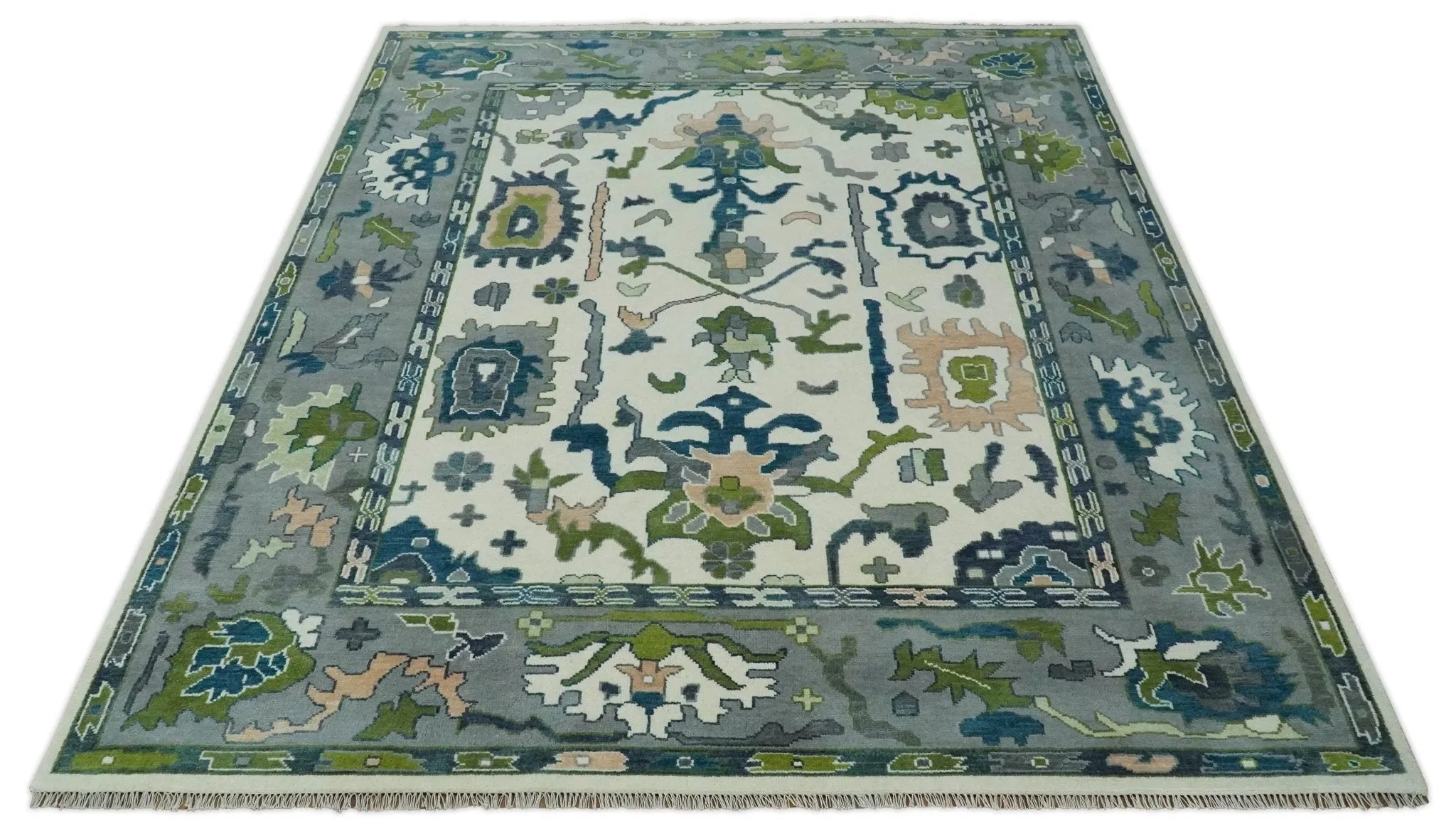 Custom Made Ivory, Teal, and Gray Hand knotted Traditional Oushak Wool Area Rug