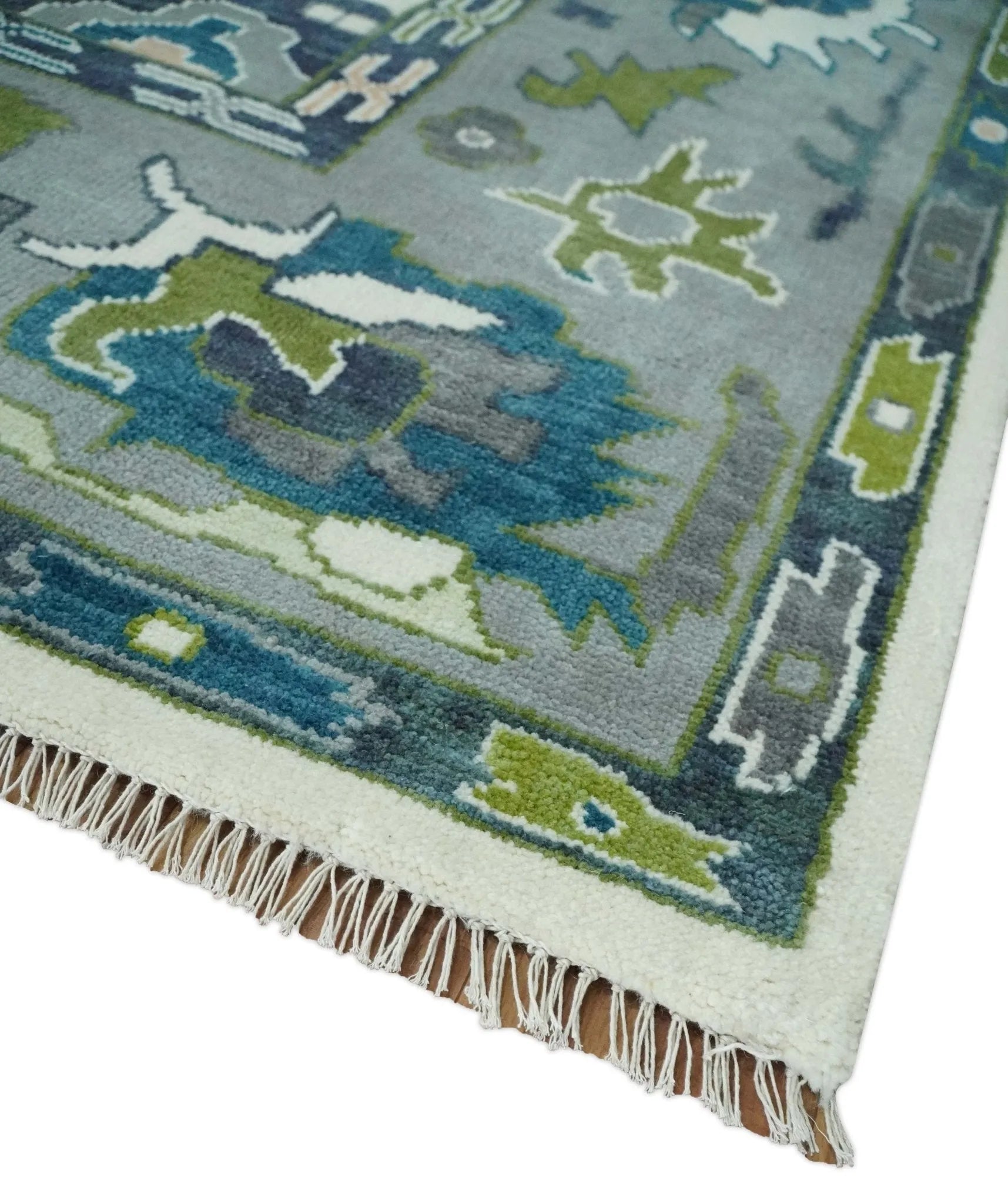 Custom Made Ivory, Teal, and Gray Hand knotted Traditional Oushak Wool Area Rug