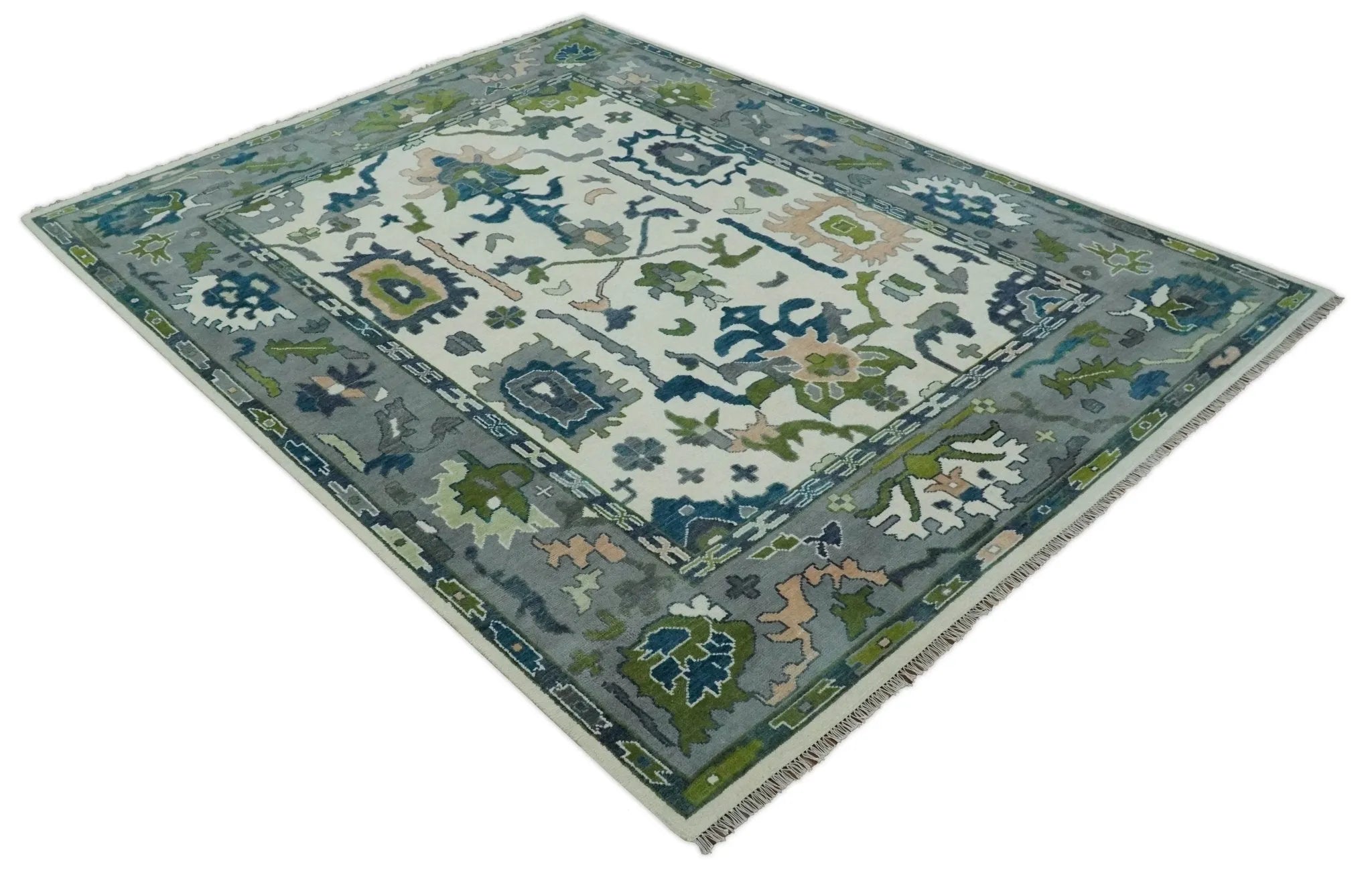 Custom Made Ivory, Teal, and Gray Hand knotted Traditional Oushak Wool Area Rug