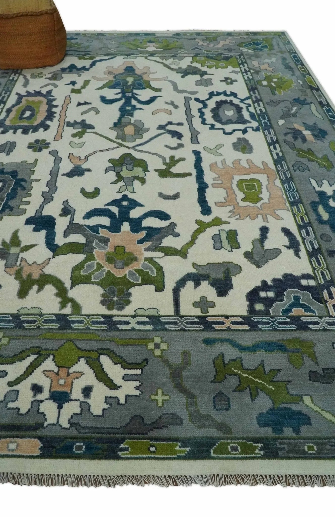 Custom Made Ivory, Teal, and Gray Hand knotted Traditional Oushak Wool Area Rug