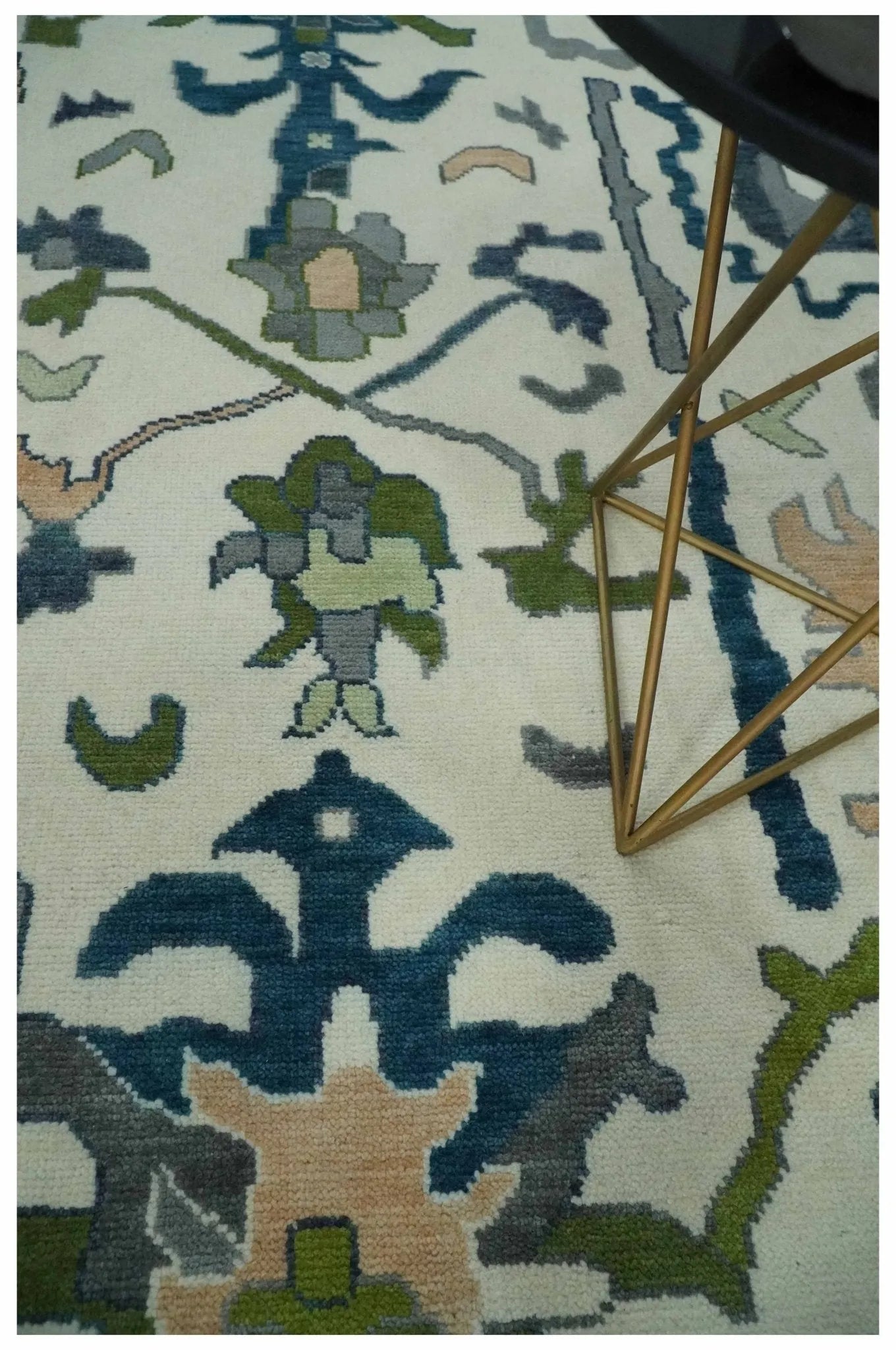 Custom Made Ivory, Teal, and Gray Hand knotted Traditional Oushak Wool Area Rug