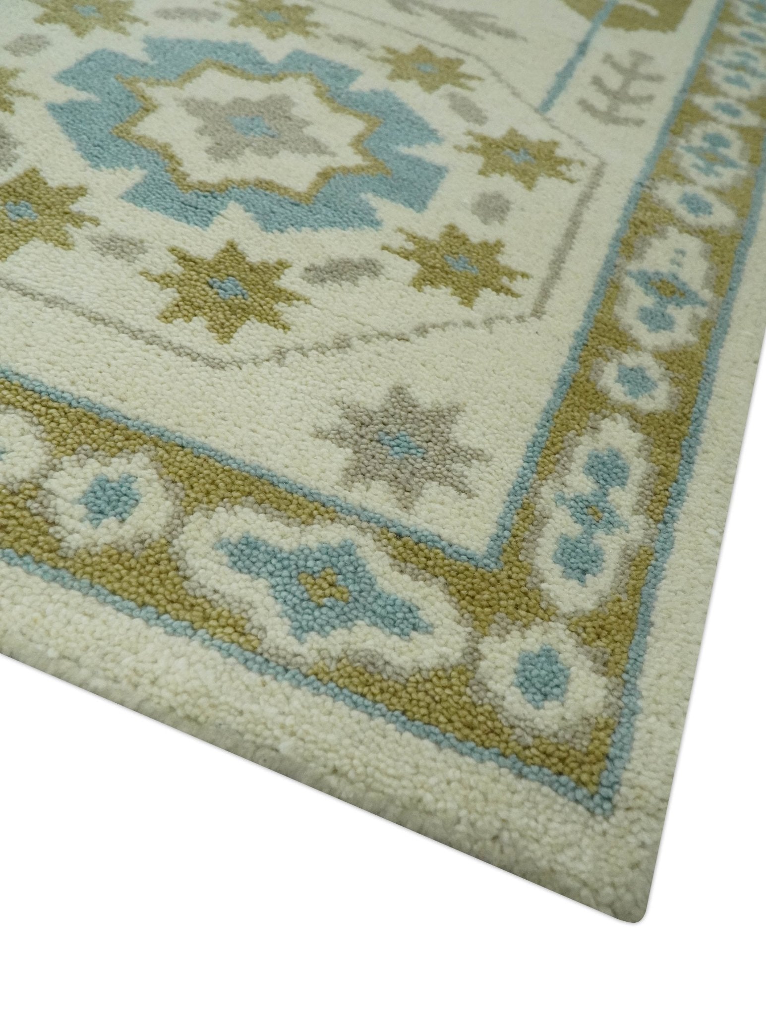 Custom Made Ivory, Olive and Teal Hand Knotted Traditional Medallion wool Area Rug - The Rug Decor