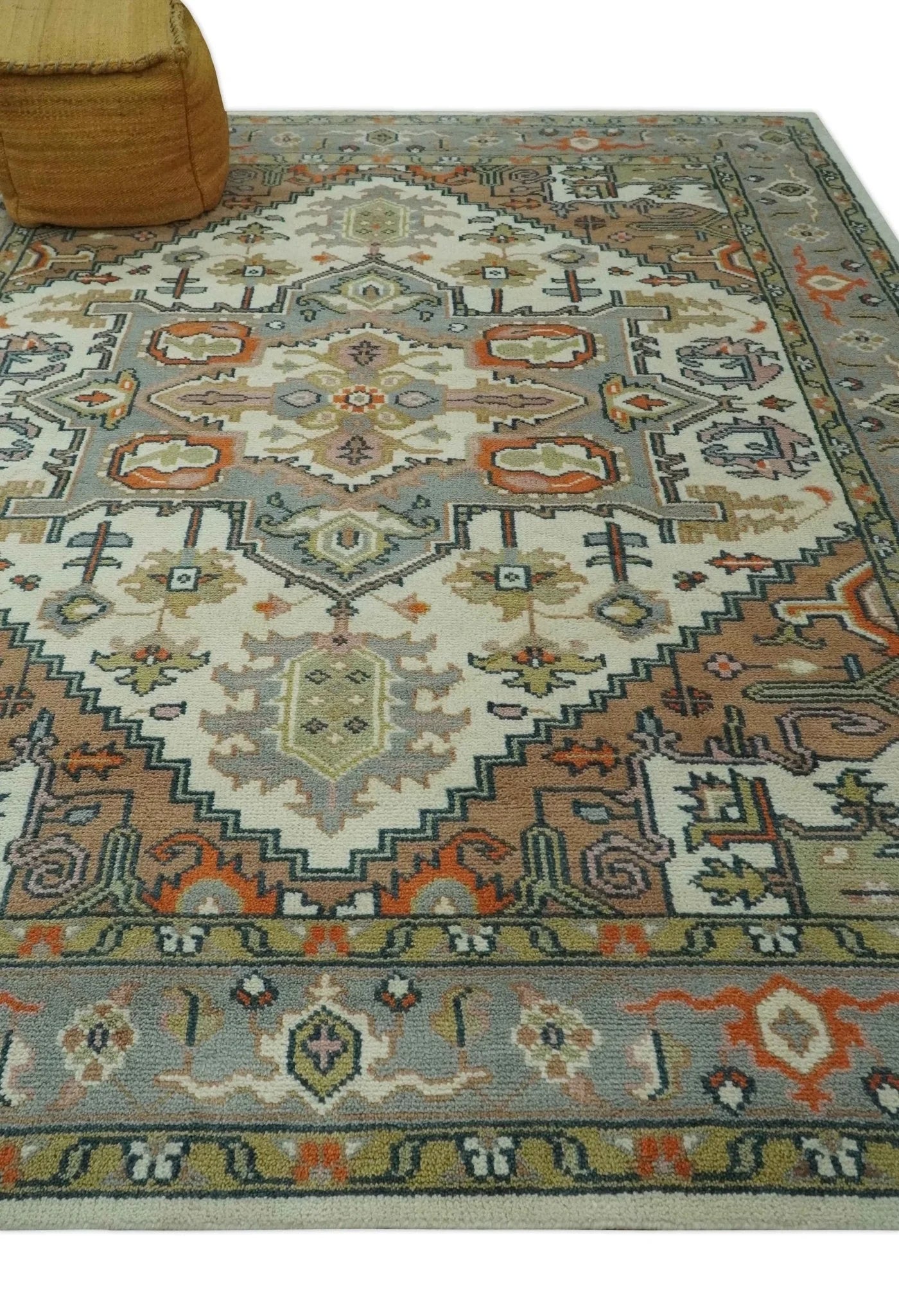 Custom Made Ivory, Silver, Peach and Olive Hand Knotted Traditional Heriz wool Area Rug - The Rug Decor