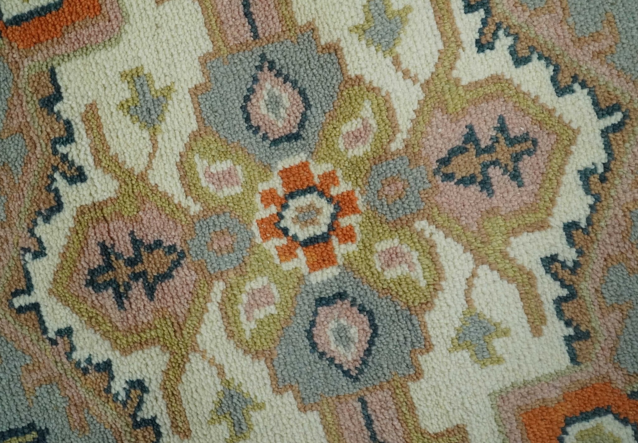 Custom Made Ivory, Silver, Peach and Olive Hand Knotted Traditional Heriz wool Area Rug - The Rug Decor