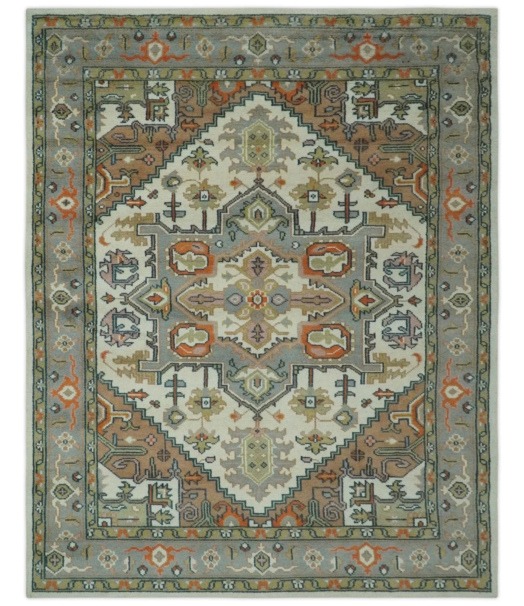 Custom Made Ivory, Silver, Peach and Olive Hand Knotted Traditional Heriz wool Area Rug - The Rug Decor
