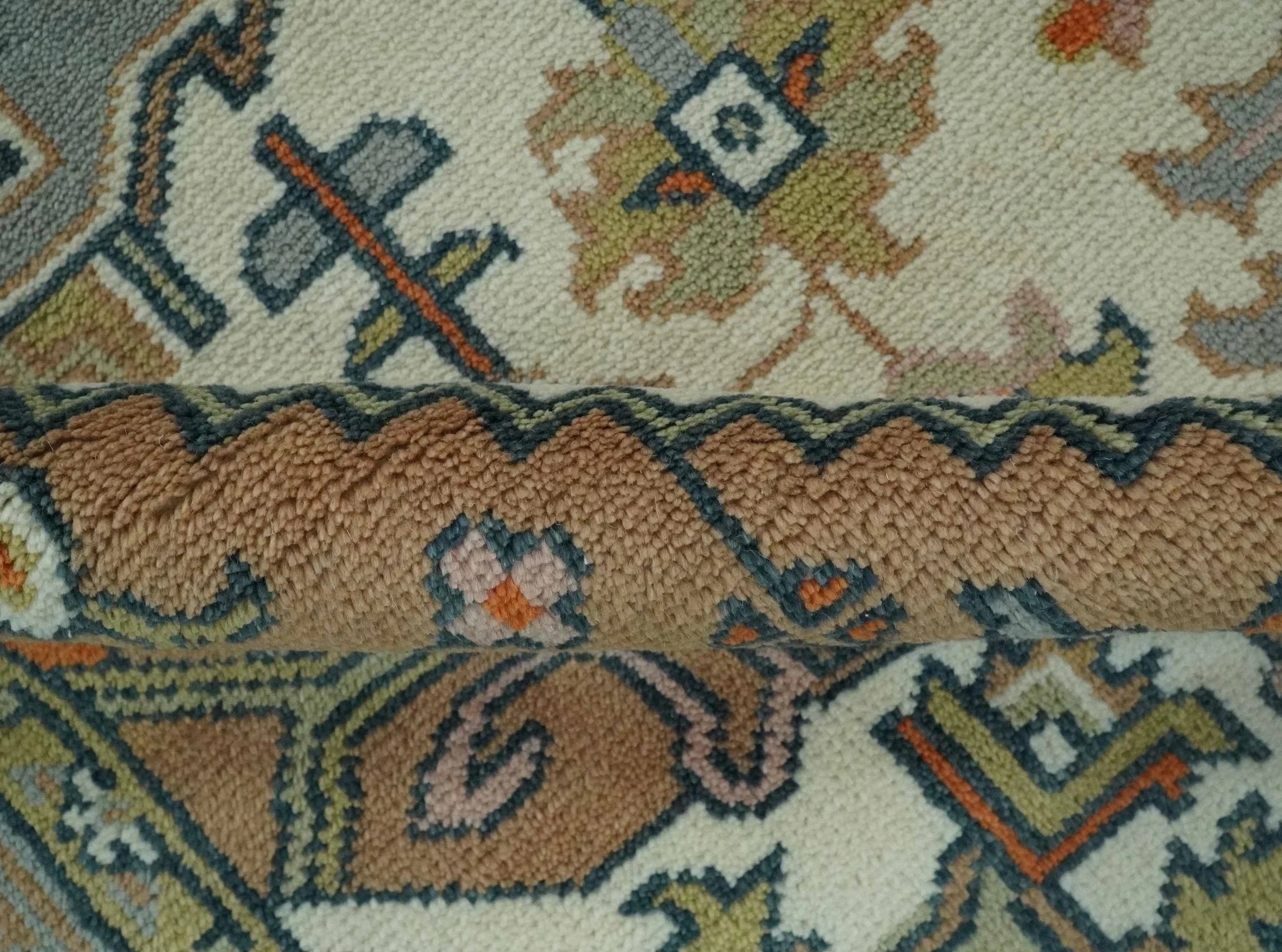 Custom Made Ivory, Silver, Peach and Olive Hand Knotted Traditional Heriz wool Area Rug - The Rug Decor