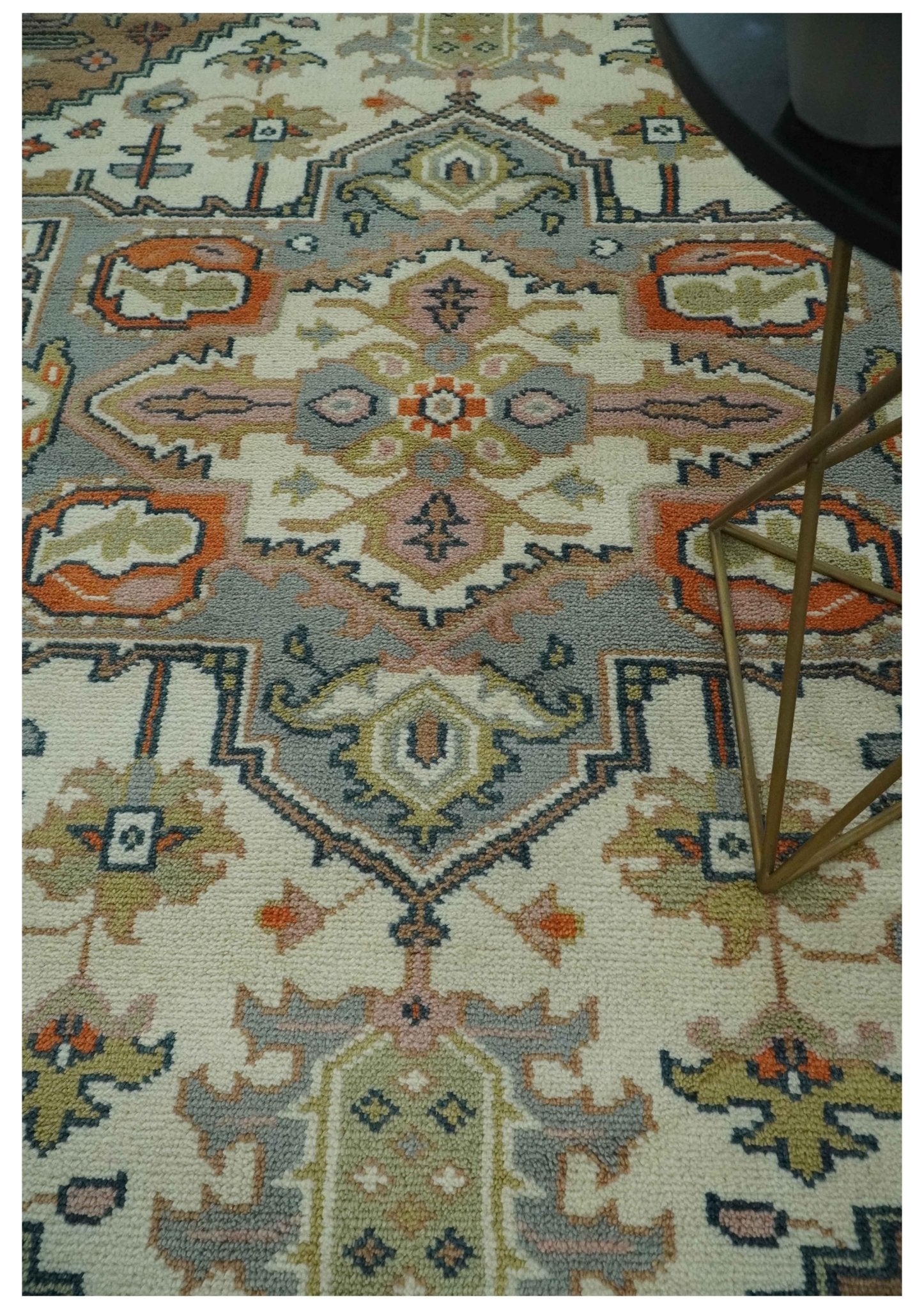Custom Made Ivory, Silver, Peach and Olive Hand Knotted Traditional Heriz wool Area Rug - The Rug Decor