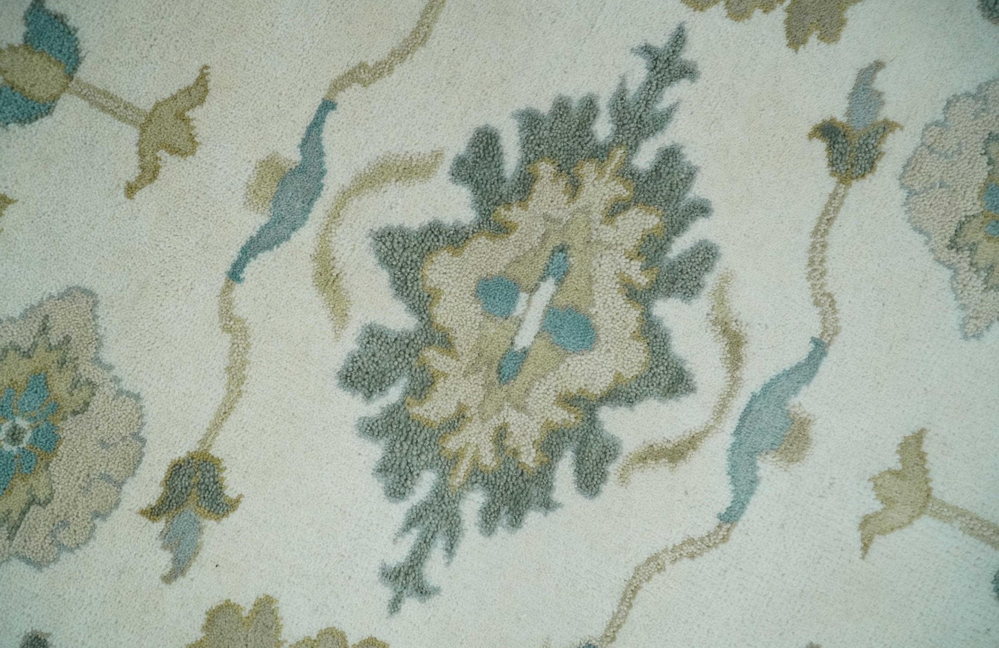 Custom Made Ivory, Teal and Beige Floral Hand Knotted Traditional Oushak Wool Area Rug