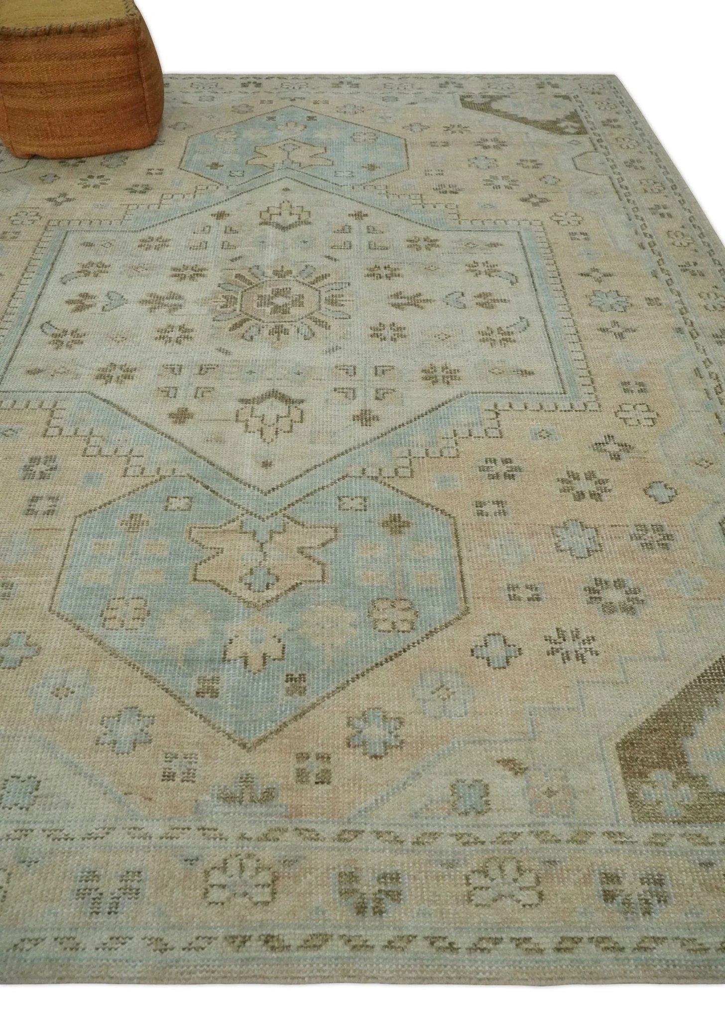 Custom Made Low Pile Hand Knotted Peach and Blue Traditional Design Wool Area Rug - The Rug Decor