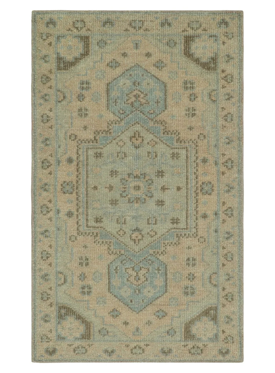 Custom Made Low Pile Hand Knotted Peach and Blue Traditional Design Wool Area Rug - The Rug Decor
