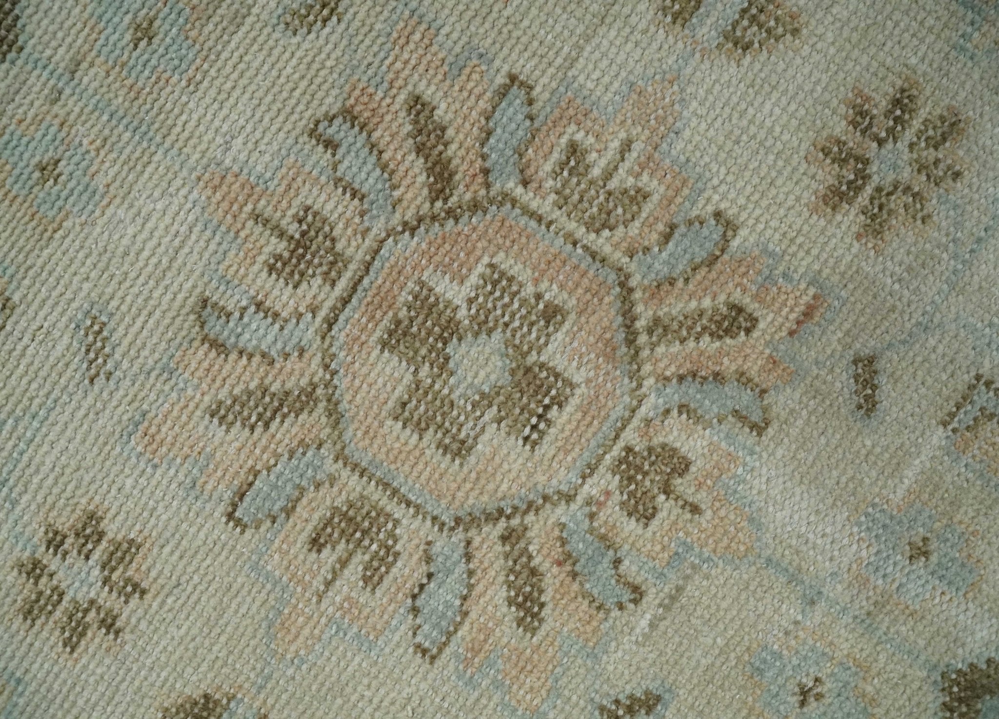 Custom Made Low Pile Hand Knotted Peach and Blue Traditional Design Wool Area Rug - The Rug Decor