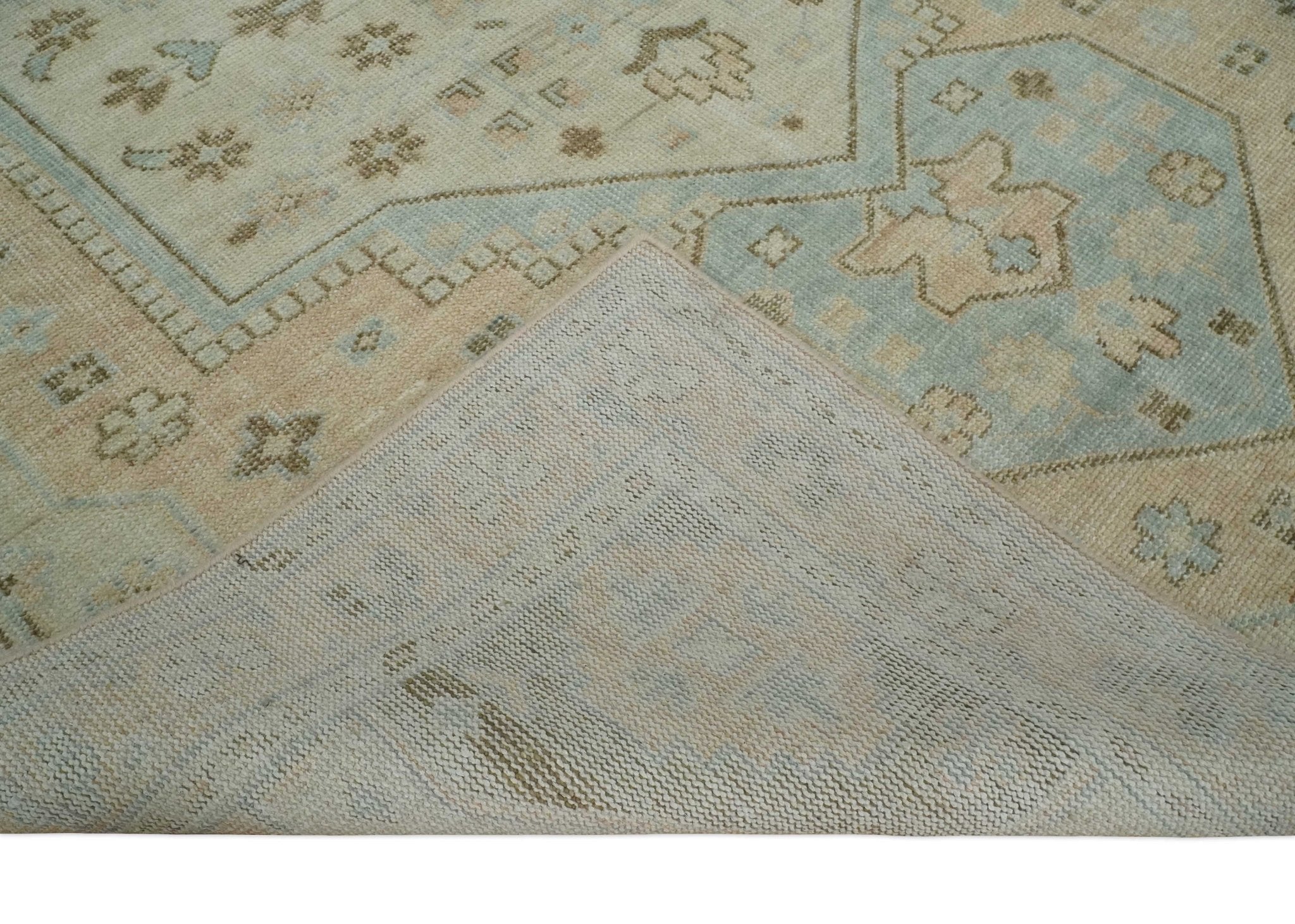 Custom Made Low Pile Hand Knotted Peach and Blue Traditional Design Wool Area Rug - The Rug Decor
