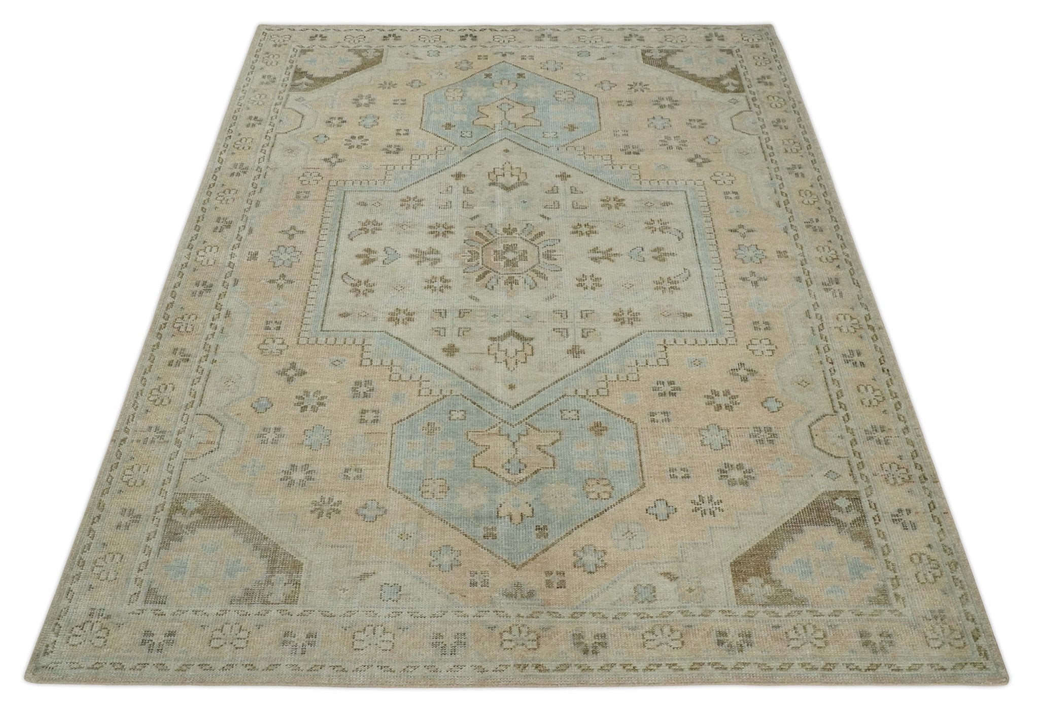 Custom Made Low Pile Hand Knotted Peach and Blue Traditional Design Wool Area Rug - The Rug Decor