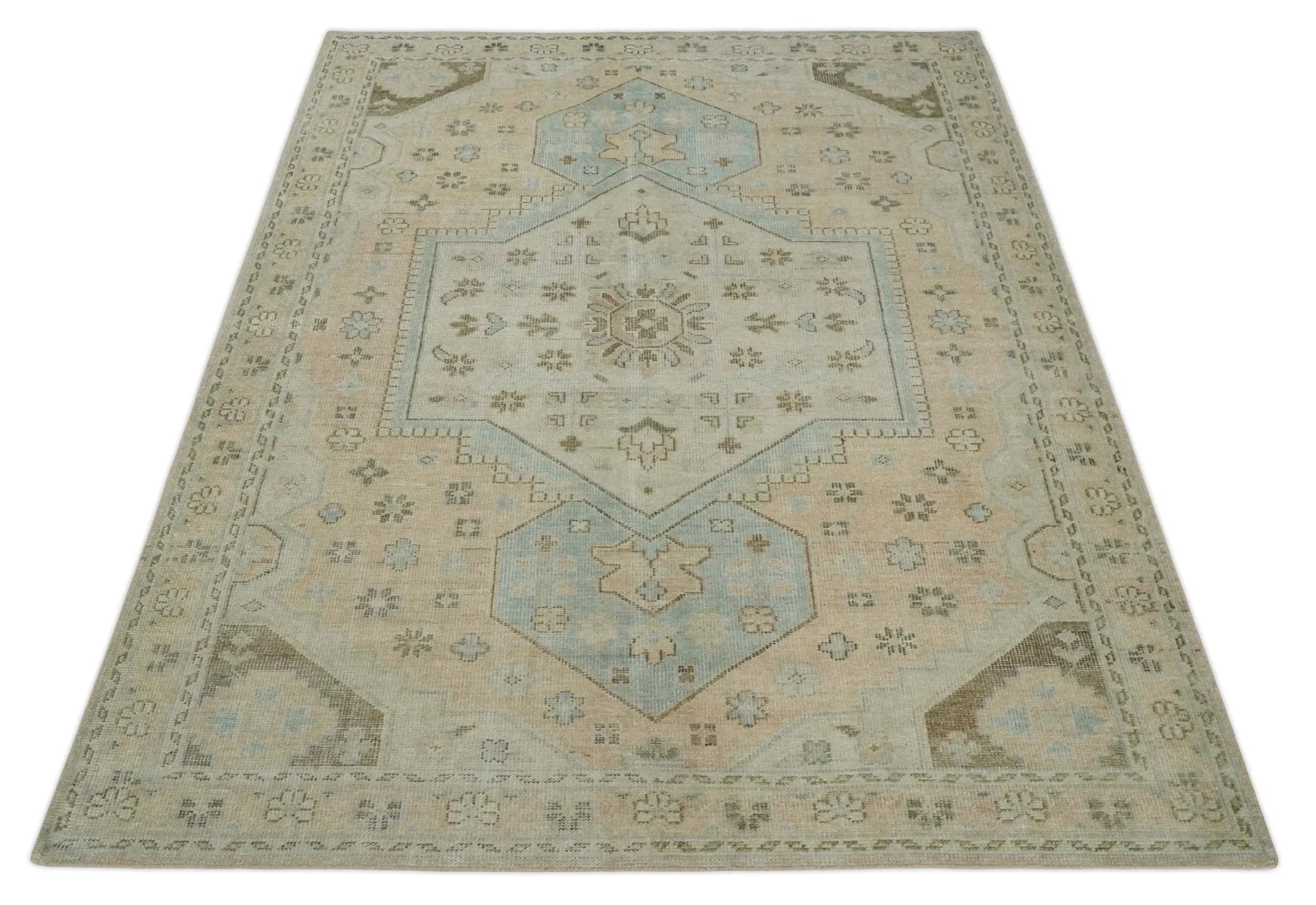 Custom Made Low Pile Hand Knotted Peach and Blue Traditional Design Wool Area Rug - The Rug Decor