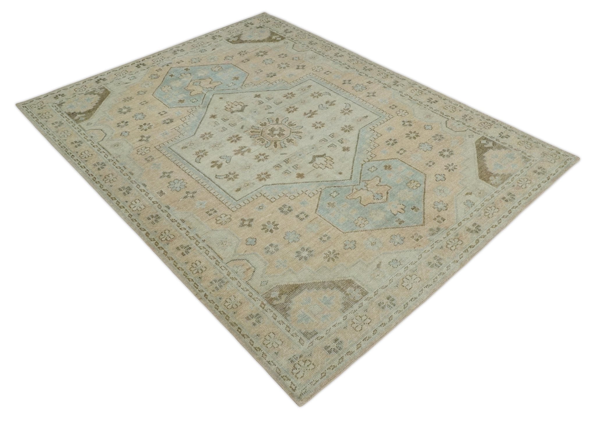 Custom Made Low Pile Hand Knotted Peach and Blue Traditional Design Wool Area Rug