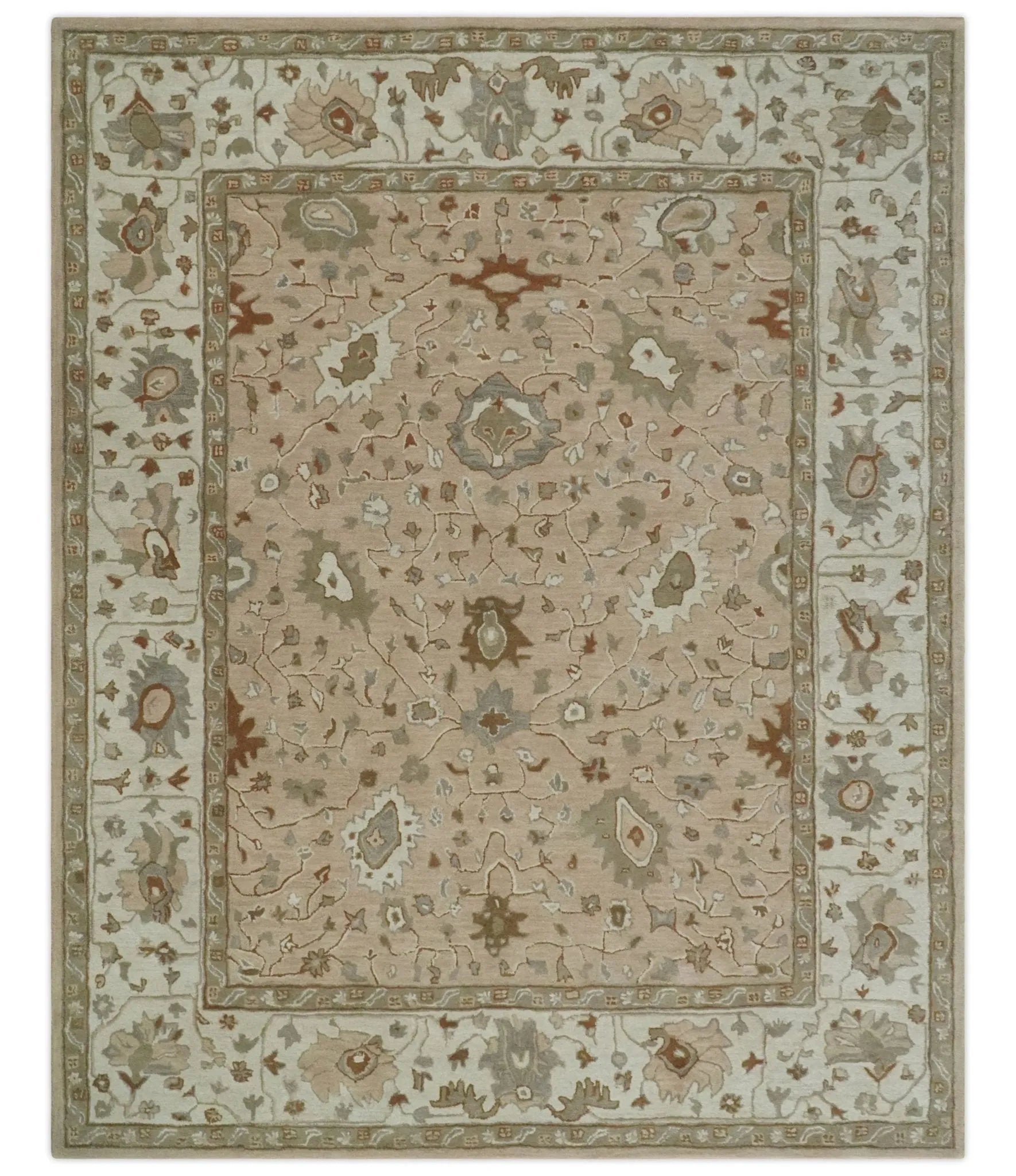 Custom Made Oushak Design Tufted Peach, Ivory and Olive Traditional Rug