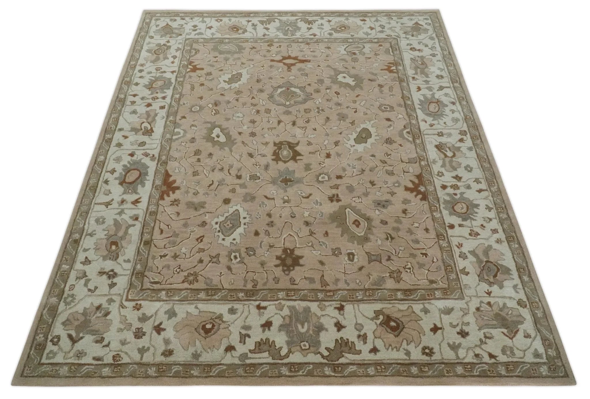 Custom Made Oushak Design Tufted Peach, Ivory and Olive Traditional Rug - The Rug Decor