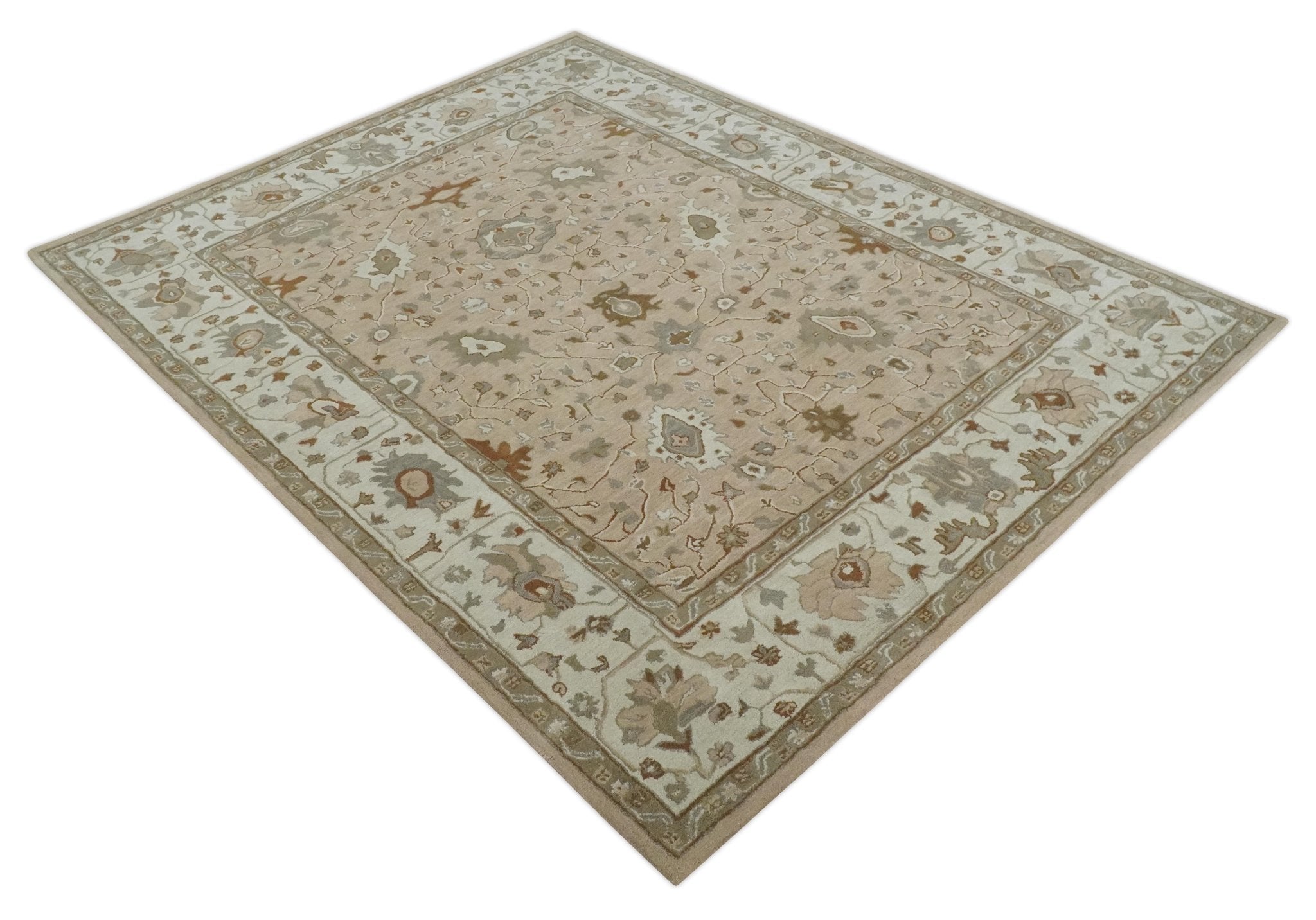 Custom Made Oushak Design Tufted Peach, Ivory and Olive Traditional Rug - The Rug Decor
