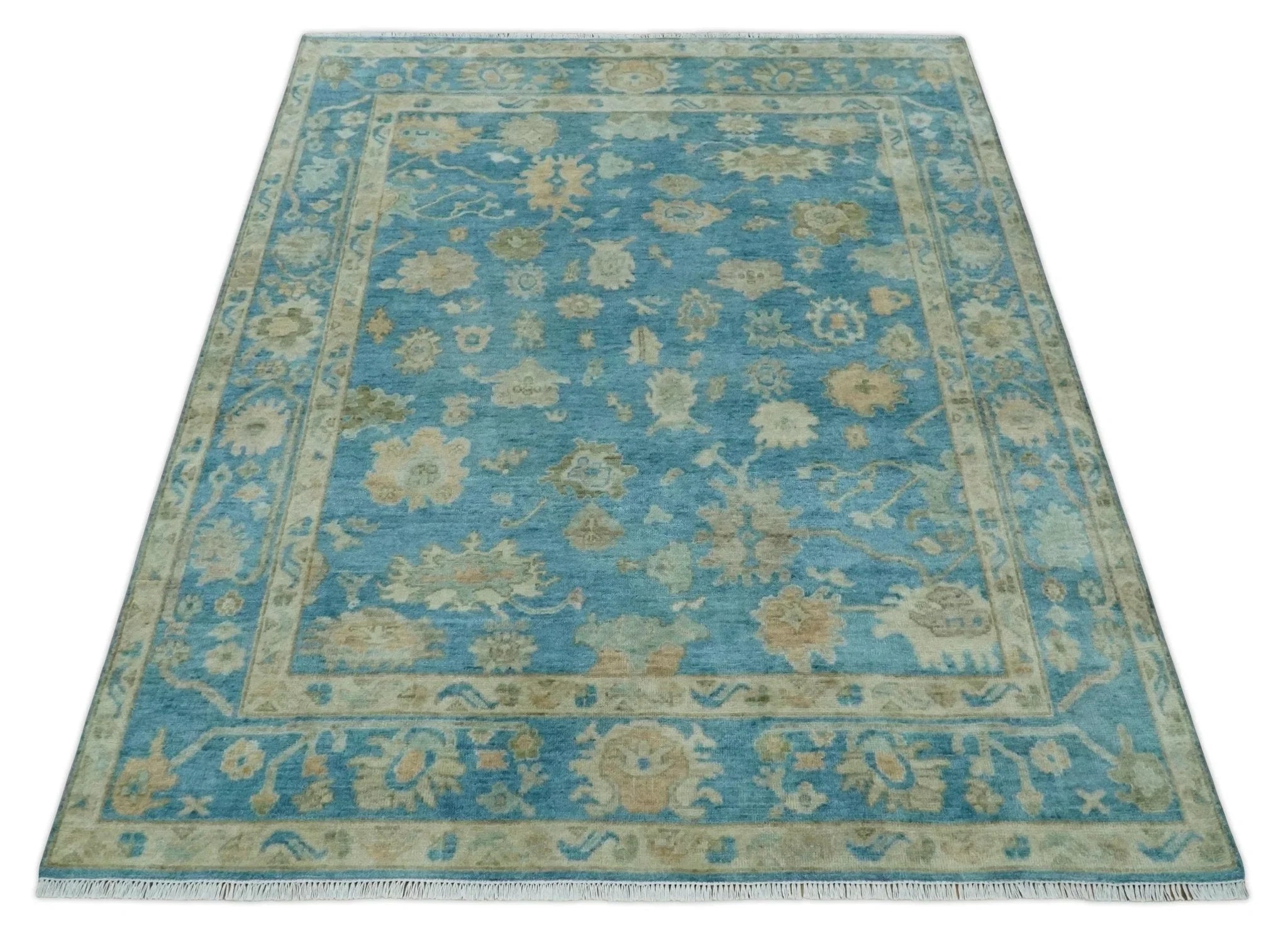 Custom Made Oushak Hand Knotted Blue and Beige Traditional Wool Rug - The Rug Decor