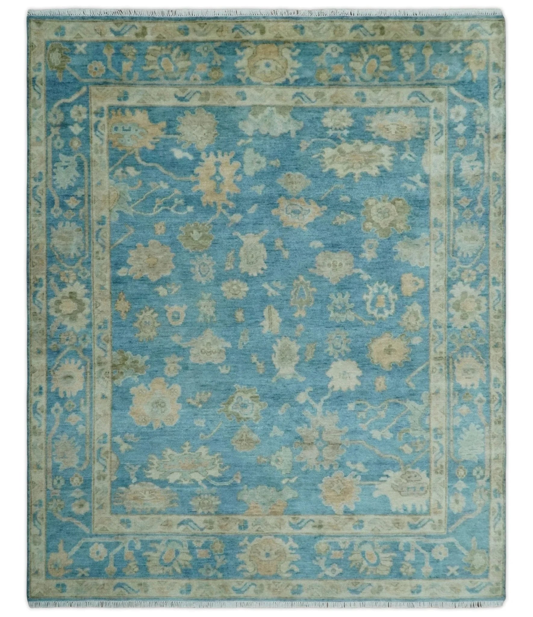 Custom Made Oushak Hand Knotted Blue and Beige Traditional Wool Rug - The Rug Decor