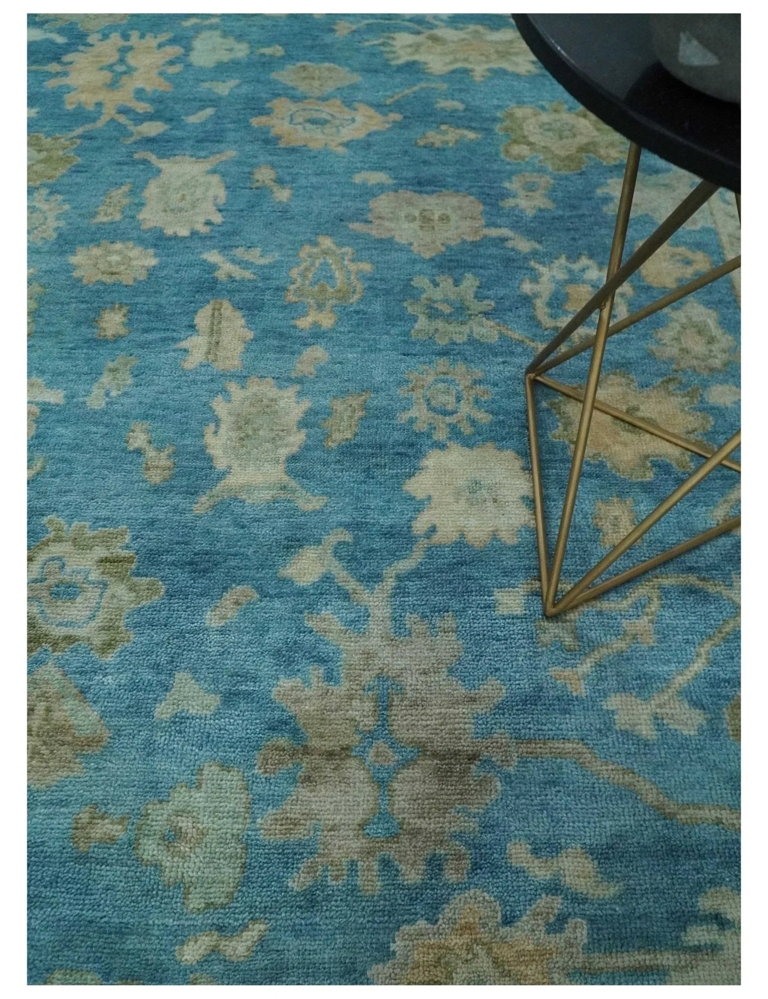 Custom Made Oushak Hand Knotted Blue and Beige Traditional Wool Rug - The Rug Decor