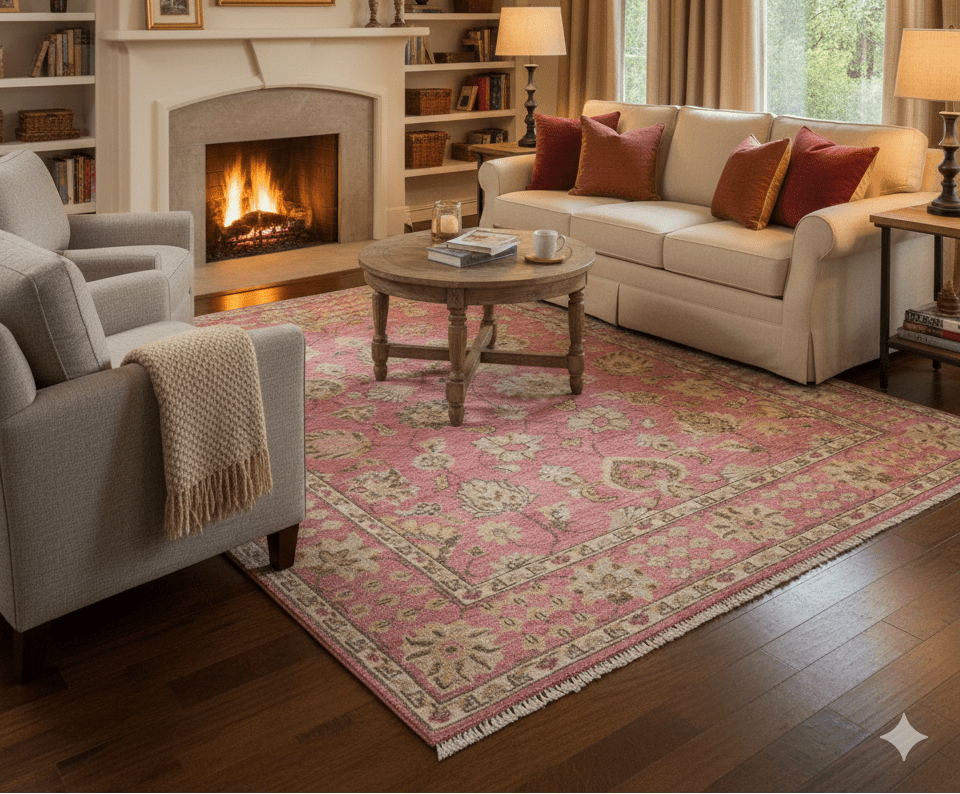 Custom Made Pink and Beige Oushak Hand Knotted Wool Rug