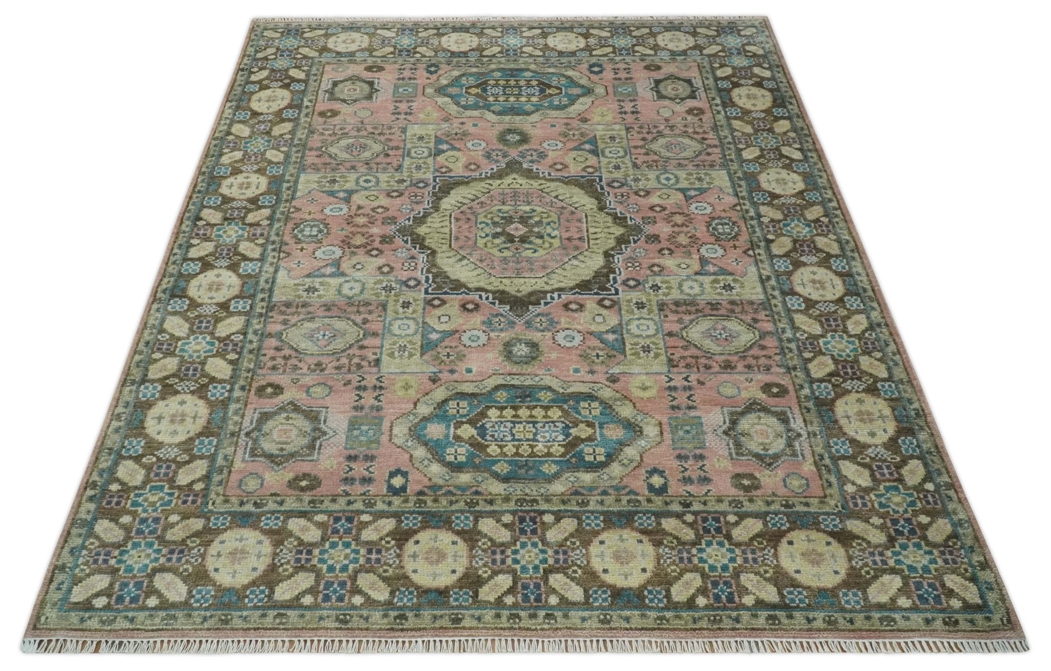 Custom Made Pink, Beige and Olive Hand knotted Medallion Mamluk Multi Size wool Area Rug - The Rug Decor