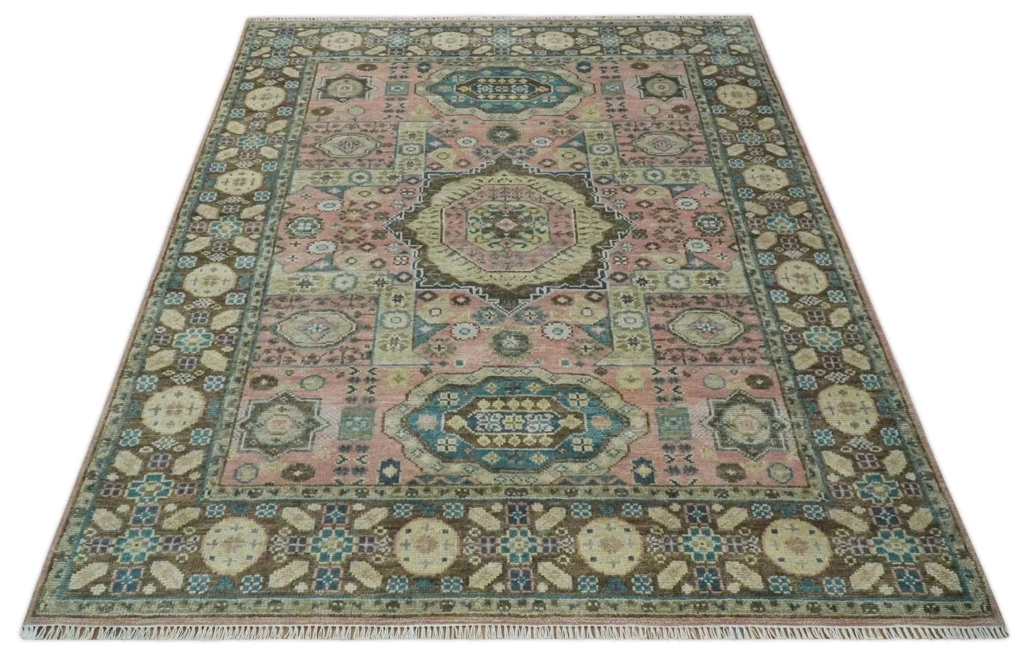 Custom Made Pink, Beige and Olive Hand knotted Medallion Mamluk Multi Size wool Area Rug - The Rug Decor