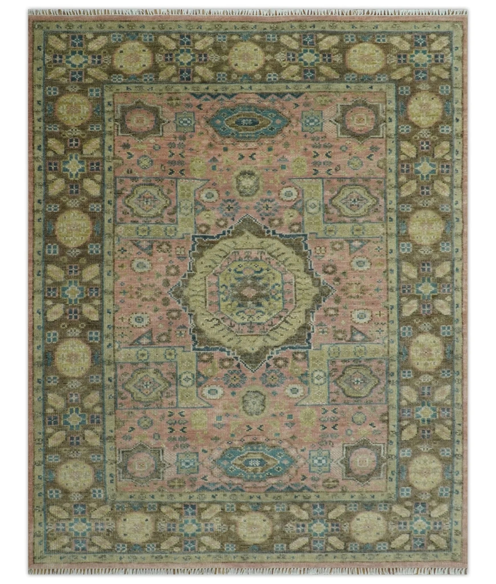 Custom Made Pink, Beige and Olive Hand knotted Medallion Mamluk Multi Size wool Area Rug - The Rug Decor