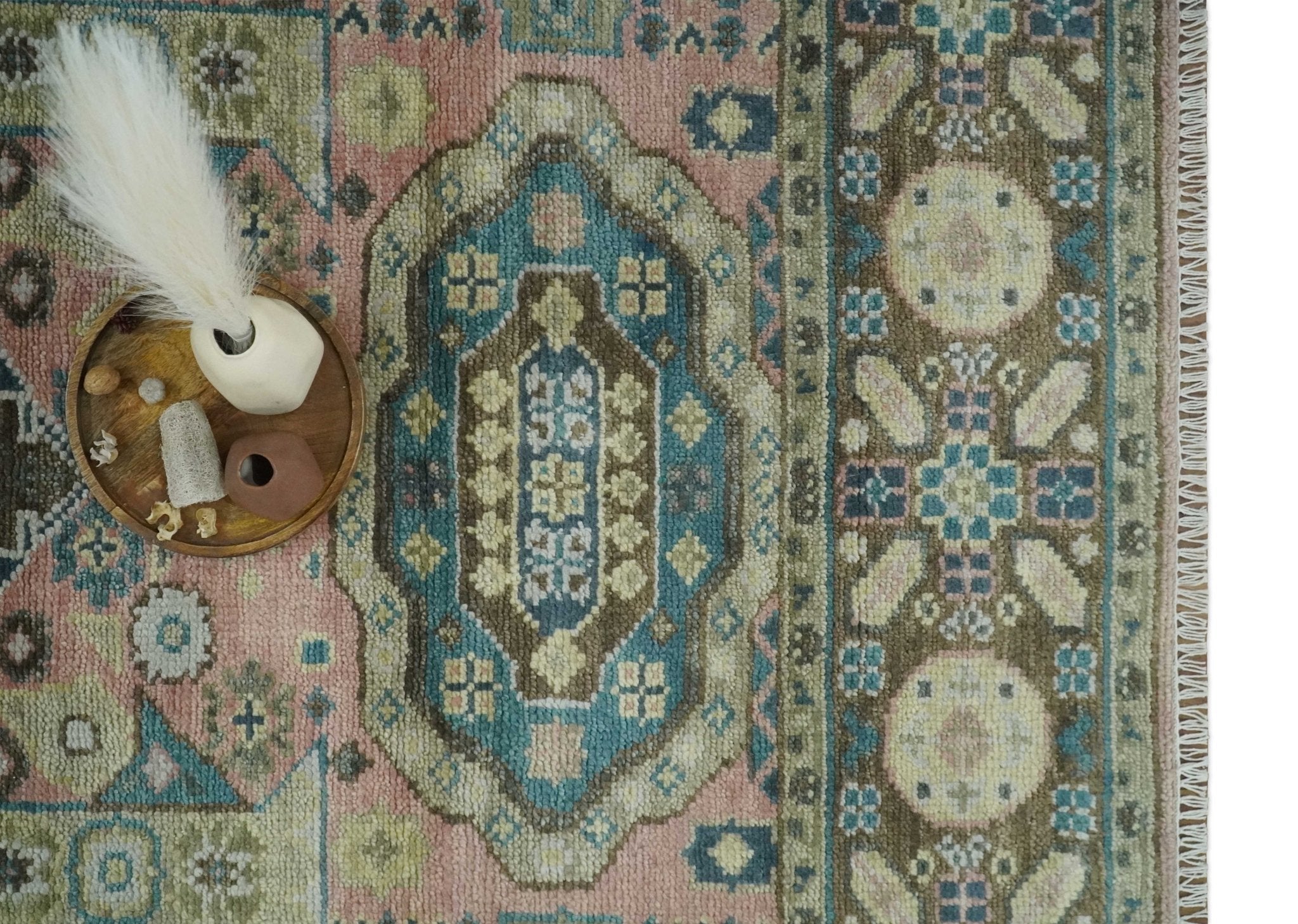 Custom Made Pink, Beige and Olive Hand knotted Medallion Mamluk Multi Size wool Area Rug - The Rug Decor