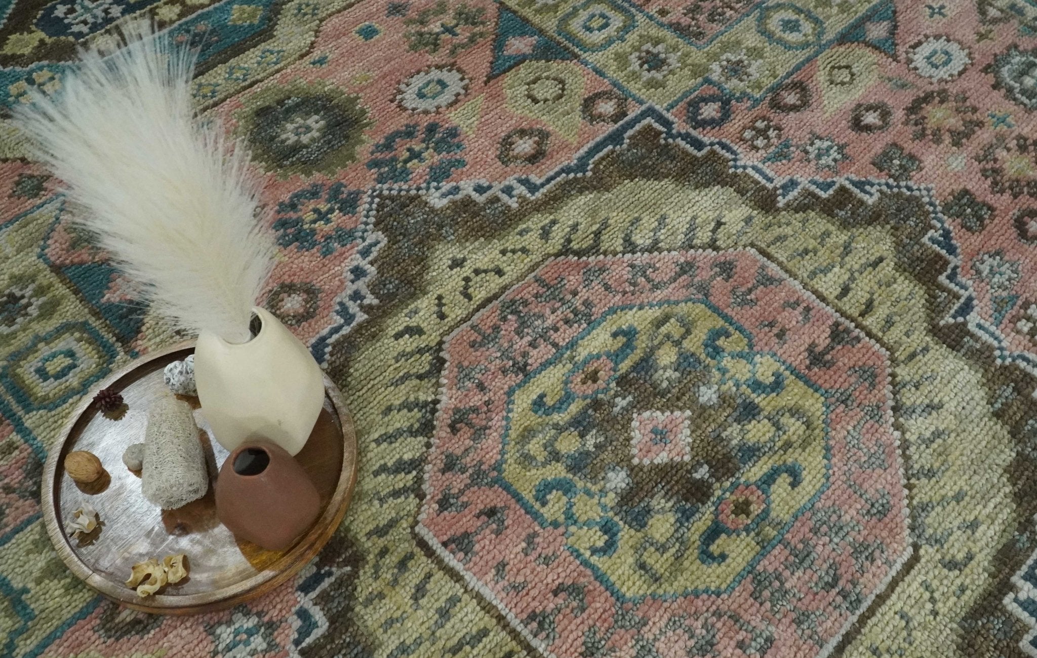 Custom Made Pink, Beige and Olive Hand knotted Medallion Mamluk Multi Size wool Area Rug - The Rug Decor