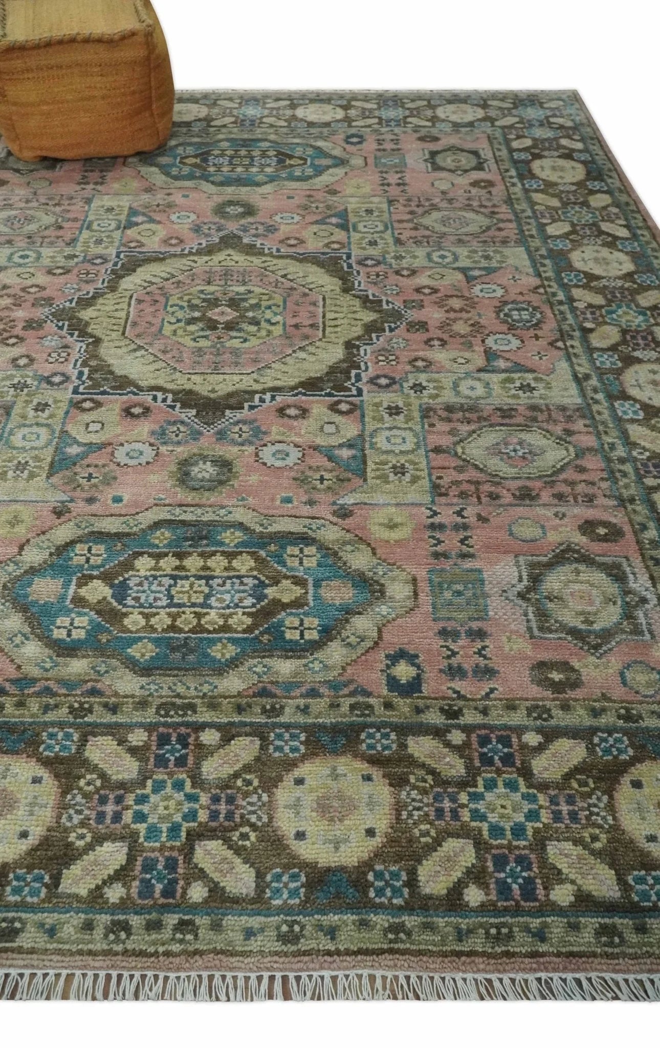 Custom Made Pink, Beige and Olive Hand knotted Medallion Mamluk Multi Size wool Area Rug - The Rug Decor
