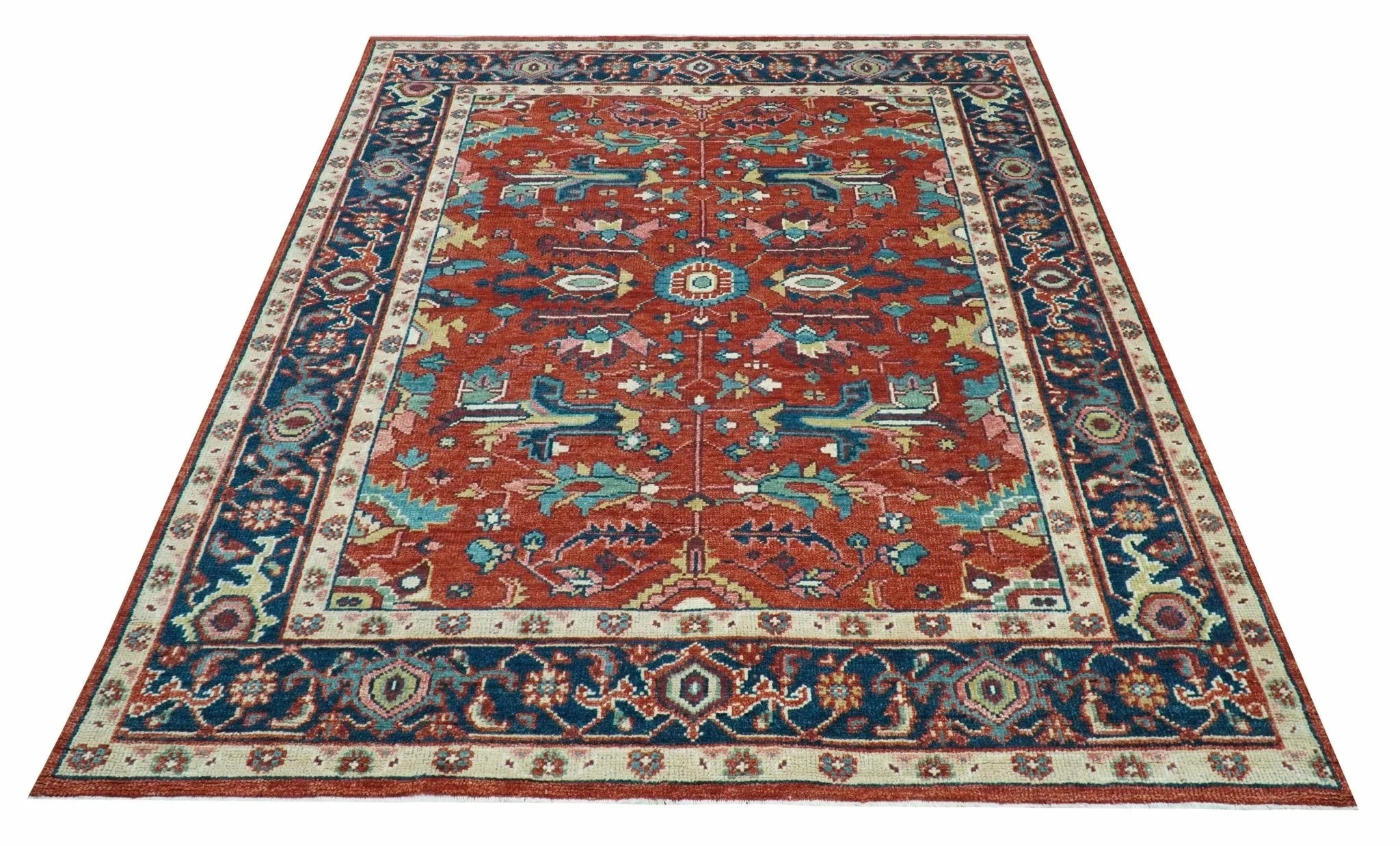 Custom Made Red And Blue Traditional Hand Knotted Wool Rug - The Rug Decor